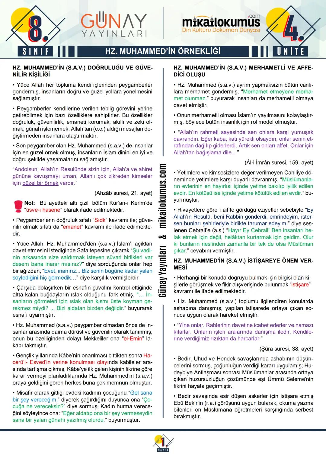 # 8
SINIF
HZ. MUHAMMED’İN ÖRNEKLIĞİ
HZ. MUHAMMED’İN (S.A.V.) DOĞRULUĞU VE GÜVE-NİLİR KİŞİLİĞİ
• Yüce Allah her topluma kendi içlerinden p