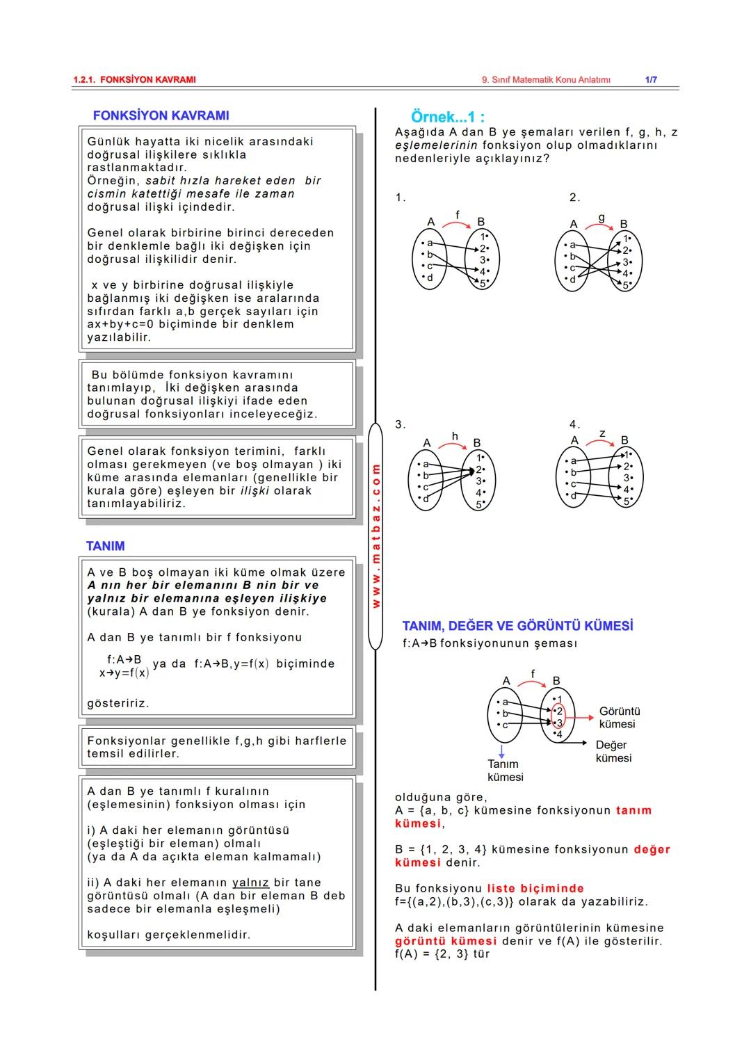 1.2.1. FONKSİYON KAVRAMI
FONKSİYON KAVRAMI
Günlük hayatta iki nicelik arasındaki
doğrusal ilişkilere sıklıkla
rastlanmaktadır.
Örneğin, sa