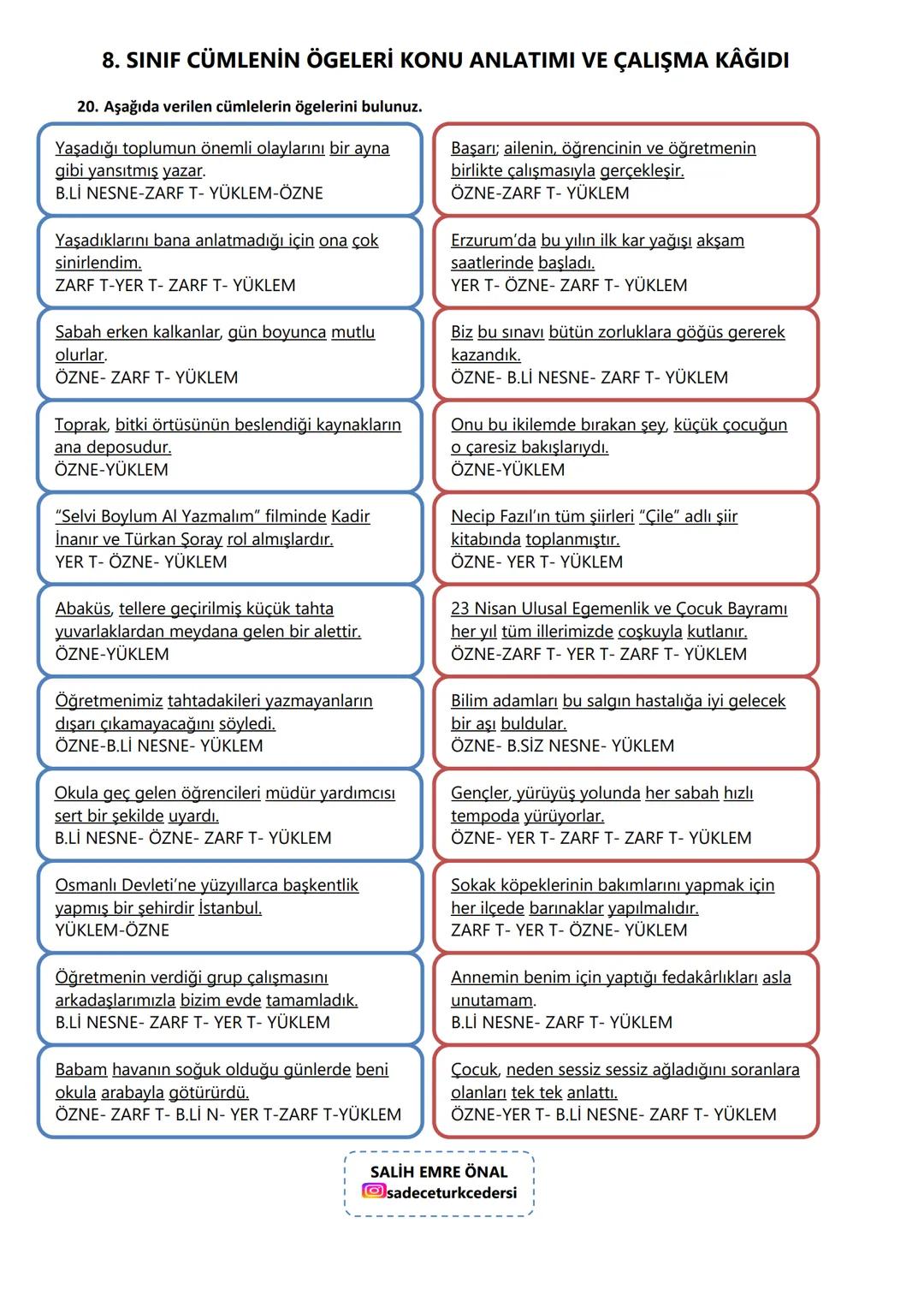 8. SINIF CÜMLENİN ÖGELERİ KONU ANLATIMI VE ÇALIŞMA KAĞIDI
CÜMLENİN ÖGELERİ
Cümlenin ögeleri iki ana grupta incelenir:
A) TEMEL ÖGELER
Cümle