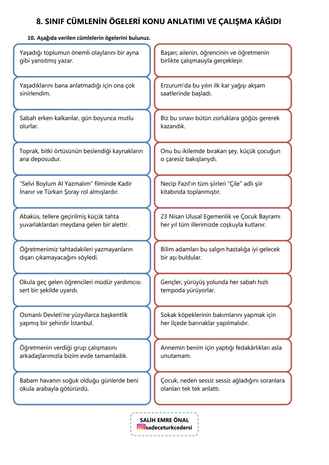 8. SINIF CÜMLENİN ÖGELERİ KONU ANLATIMI VE ÇALIŞMA KAĞIDI
CÜMLENİN ÖGELERİ
Cümlenin ögeleri iki ana grupta incelenir:
A) TEMEL ÖGELER
Cümle