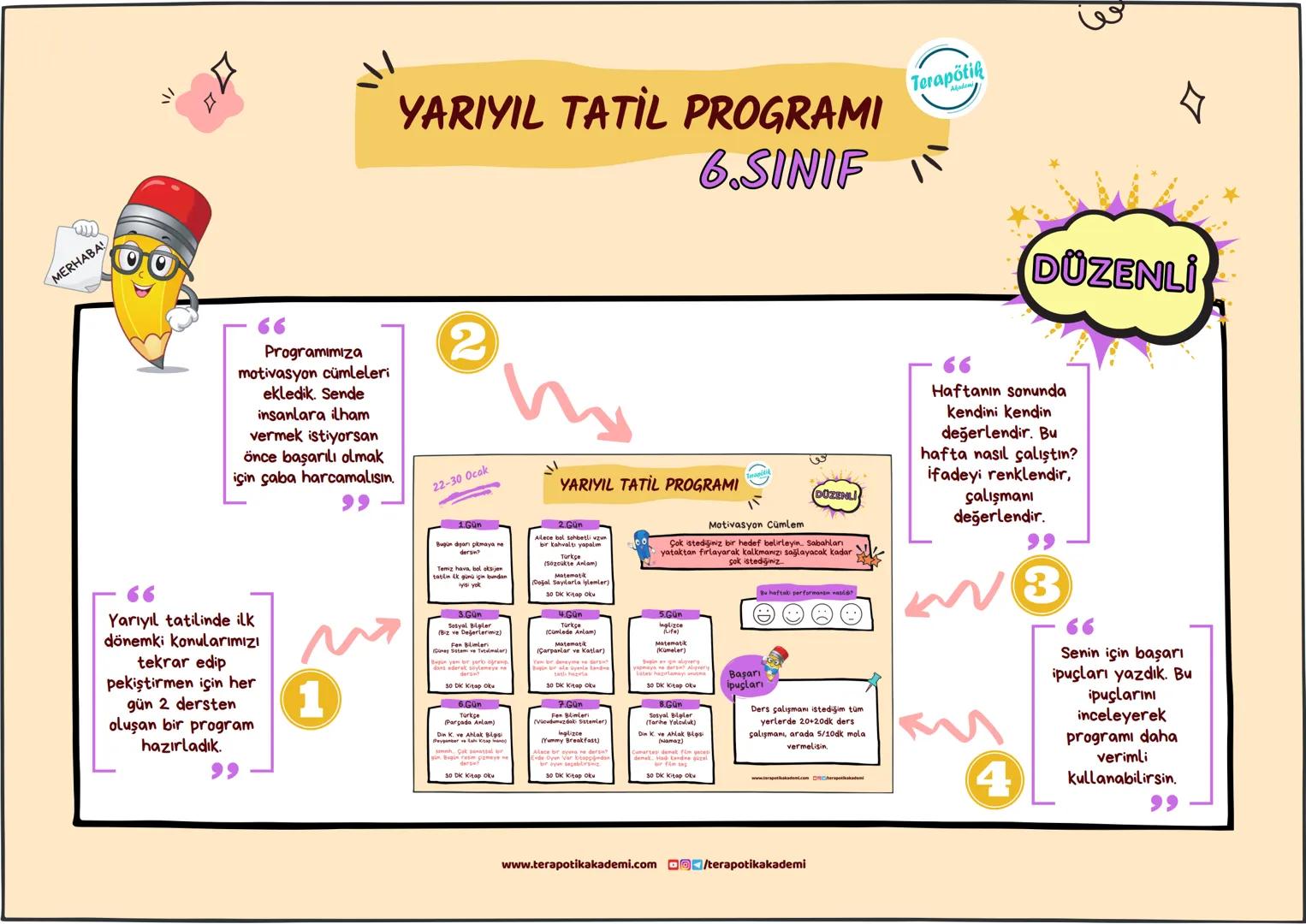 # YARIYIL TATİL PROGRAMI
6.SINIF
## MERHABA!
> **Programımıza motivasyon cümleleri ekledik. Sende insanlara ilham vermek istiyorsan önce b
