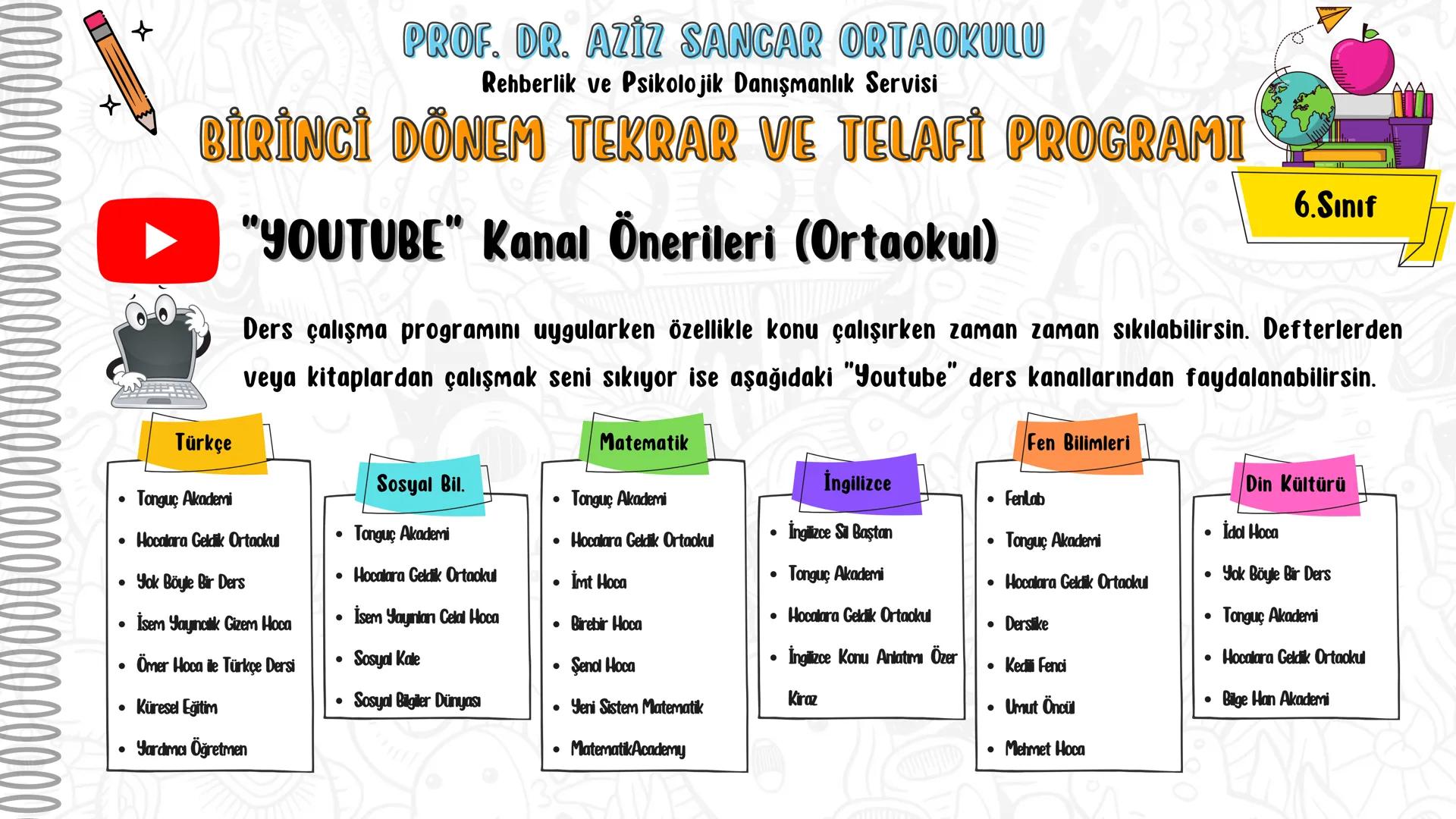 +
PROF. DR. AZİZ SANCAR ORTAOKULU
Rehberlik ve Psikolojik Danışmanlık Servisi
2023
BİRİNCİ DÖNEM TEKRAR VE TELAFİ PROGRAMI
6. SINIF
MERHABA