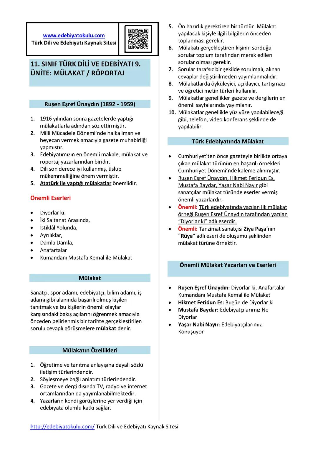 11. Sınıf Edebiyat 9. Ünite Özeti