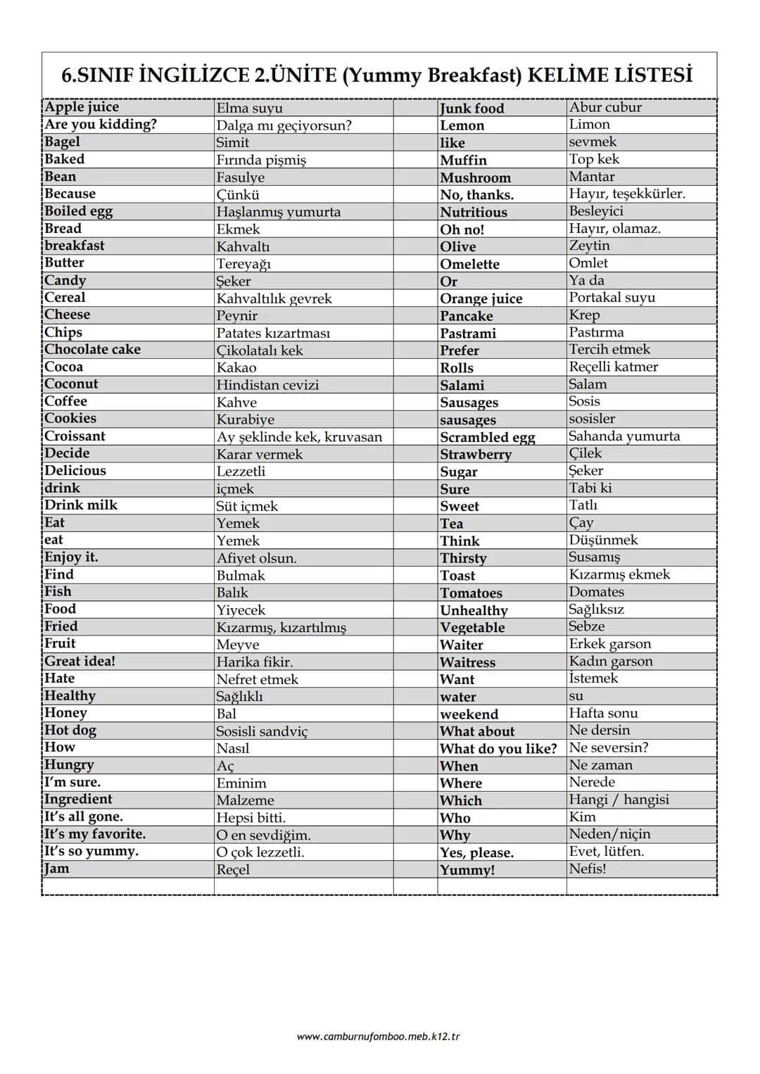 6.SINIF İNGİLİZCE 2. ÜNİTE (Yummy Breakfast) KELİME LİSTESİ
Apple juice
Elma suvu
Junk food
Abur cubur
Are you kidding?
Dalga mı geçiyorsun