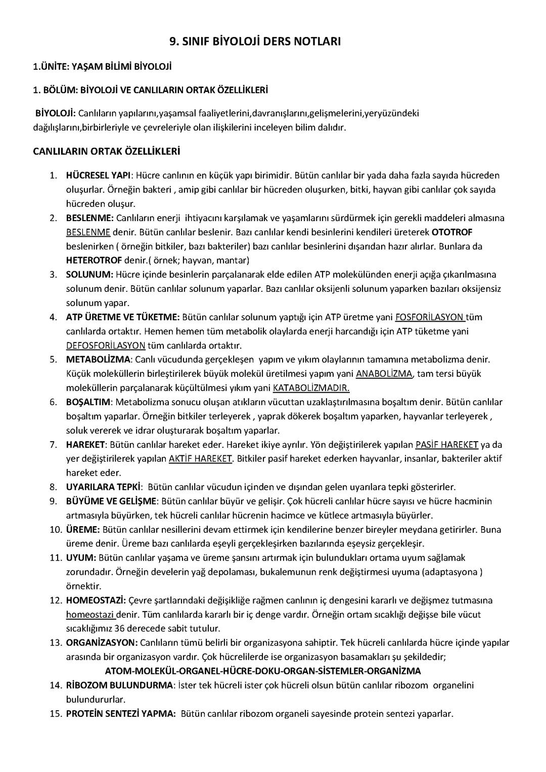 9.sınıf Biyoloji Canlıların özellikleri ve bileşenleri
