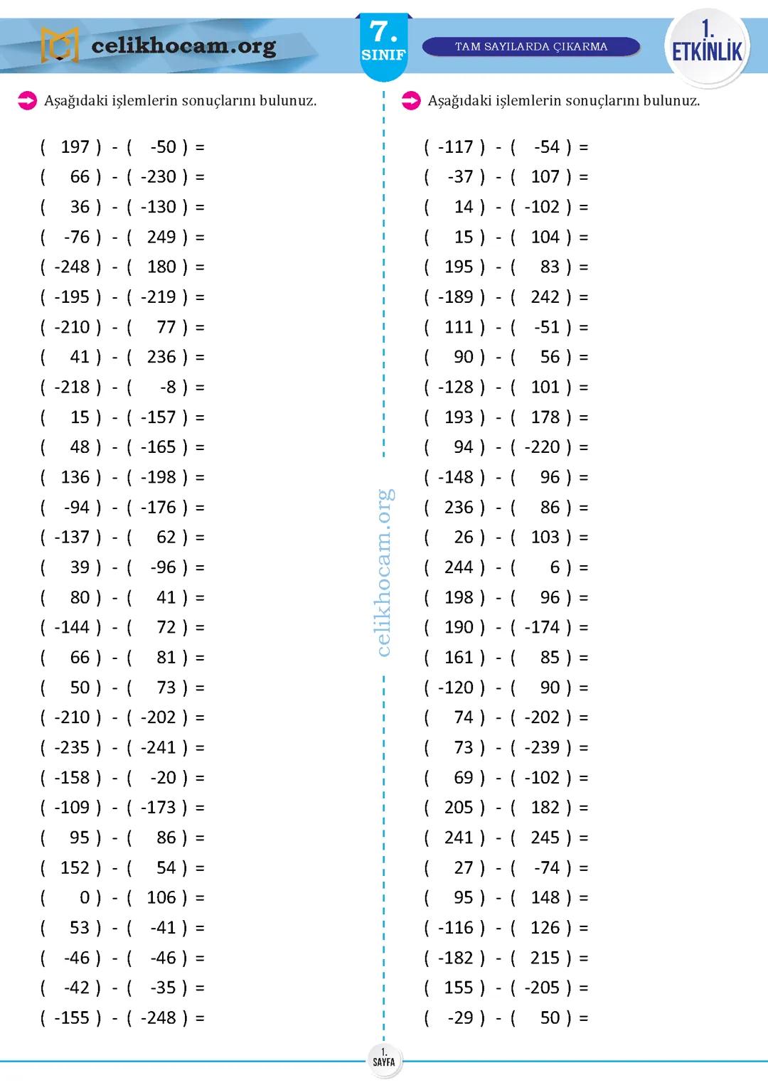 7. Sınıf Matematik: Tam Sayılarla Çıkarma İşlemi