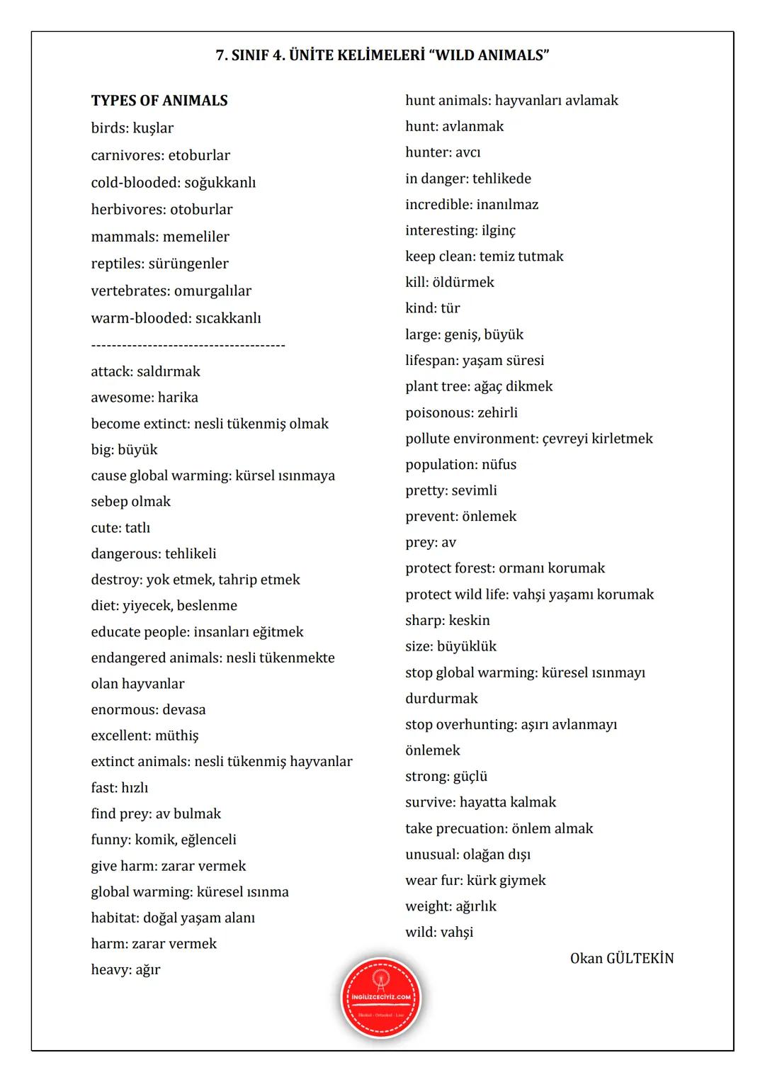 --- OCR Start ---
ANIMALS
bear: ayı
bison: bizon
camel: deve
cheetah: çita
7. SINIF 4. ÜNİTE KELİMELERİ "WILD ANIMALS"
chimpanzee: şempanze