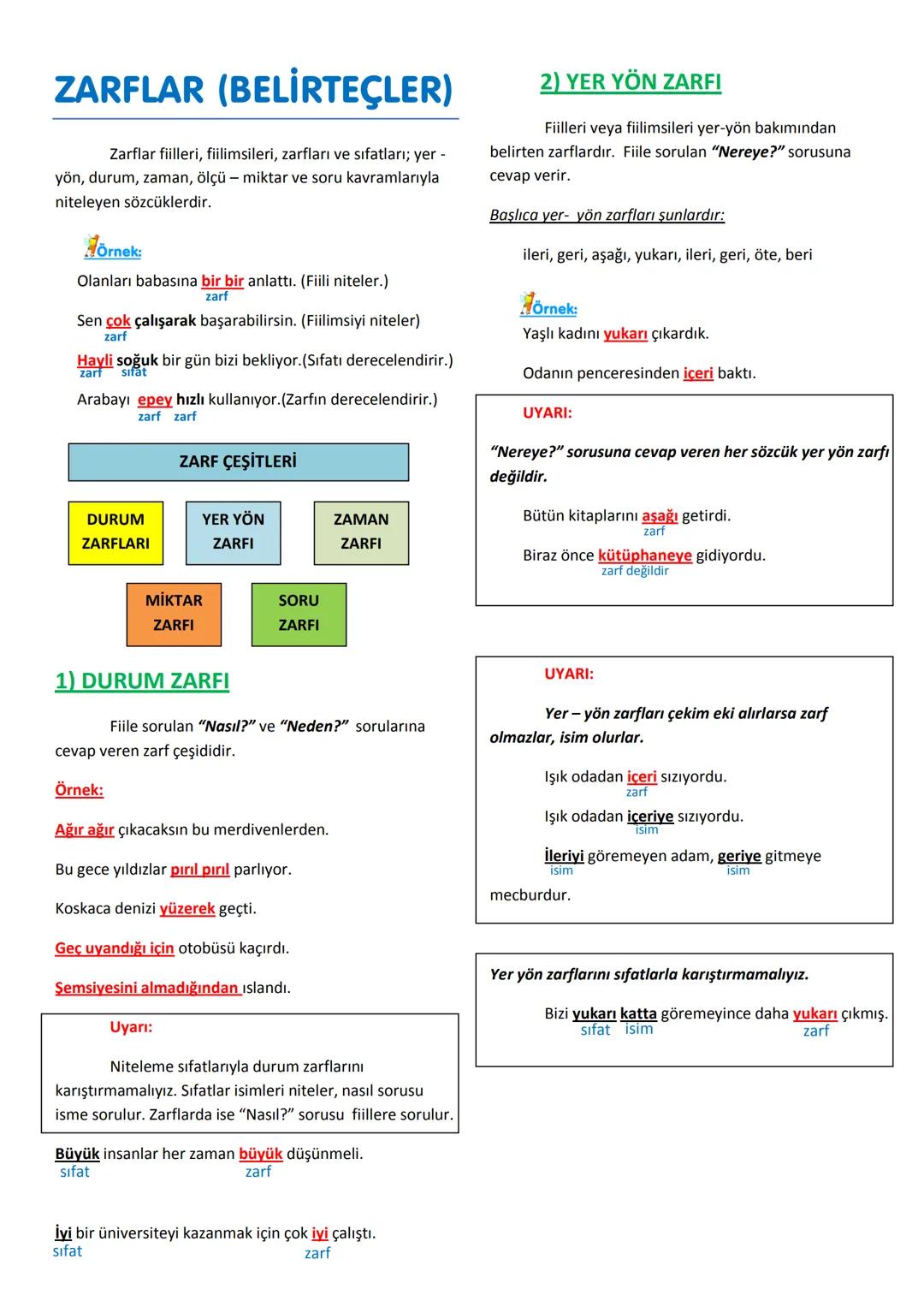 # ZARFLAR (BELİRTEÇLER)
Zarflar fiilleri, fiilimsileri, zarfları ve sıfatları; yer -
yön, durum, zaman, ölçü miktar ve soru kavramlarıyla
n
