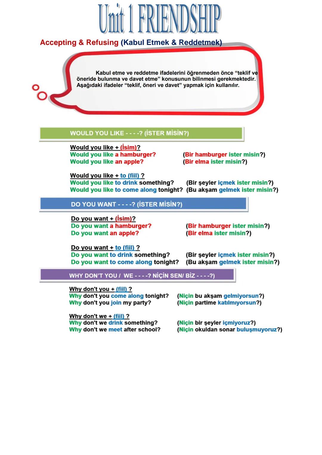 # Unit 1 FRIENDSHIP
Accepting & Refusing (Kabul Etmek & Reddetmek)
Kabul etme ve reddetme ifadelerini öğrenmeden önce "teklif ve
öneride b