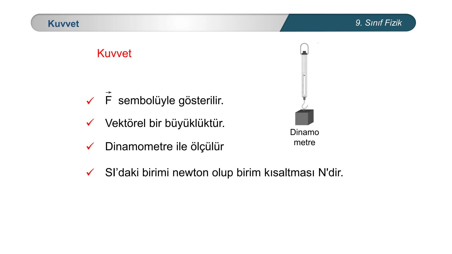 *
TÜRKİYE CUMHURİYETİ
* MILLÎ EĞİTİM BAKANLIĞI *
FİZİK
9. SINIF
KUVVET ve HAREKET
Kuvvet # Kuvvet
9. Sınıf Fizik
Bir cismin
✓ şeklini
✓ h