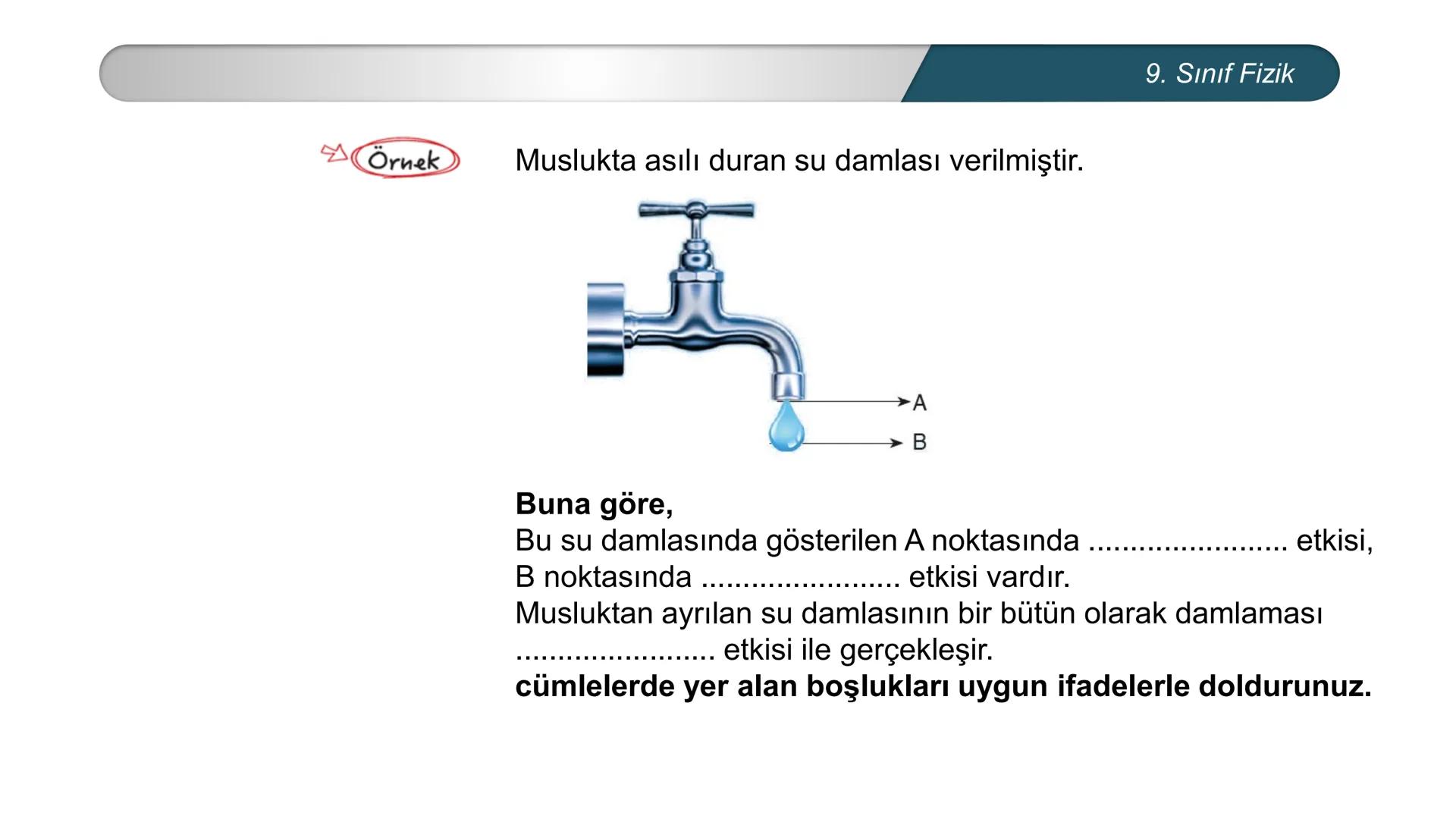*
ETİ MİLLİ EĞ
EĞİTİM
*
DO
IM BAKANLIĞI
*
TÜRKİYE CUMHURİYE
FİZİK
9. SINIF
Madde ve Özellikleri
Dayanıklılık, Adezyon, Kohezyon
Yüzey Gerili