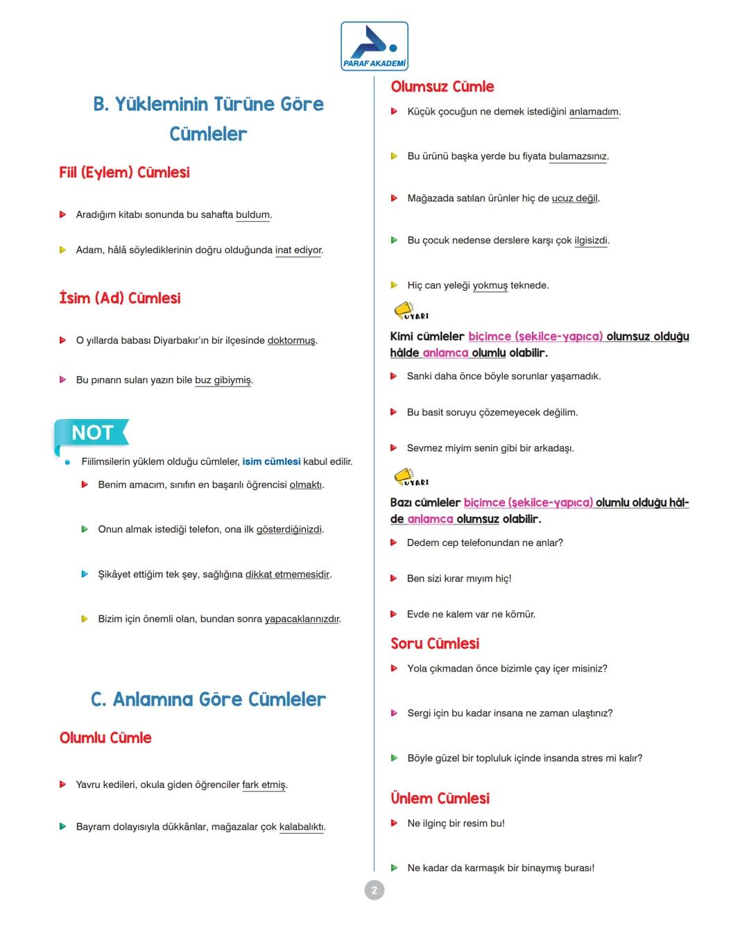 # CÜMLE TÜRLERİ
CÜMLE TÜRLERİ
PARAF AKADEMİ
A. Yükleminin Yerine
(Öge Dizilişine) Göre Cümleler
Kurallı (Düz) Cümle
Yüklemi sonda bulunan c