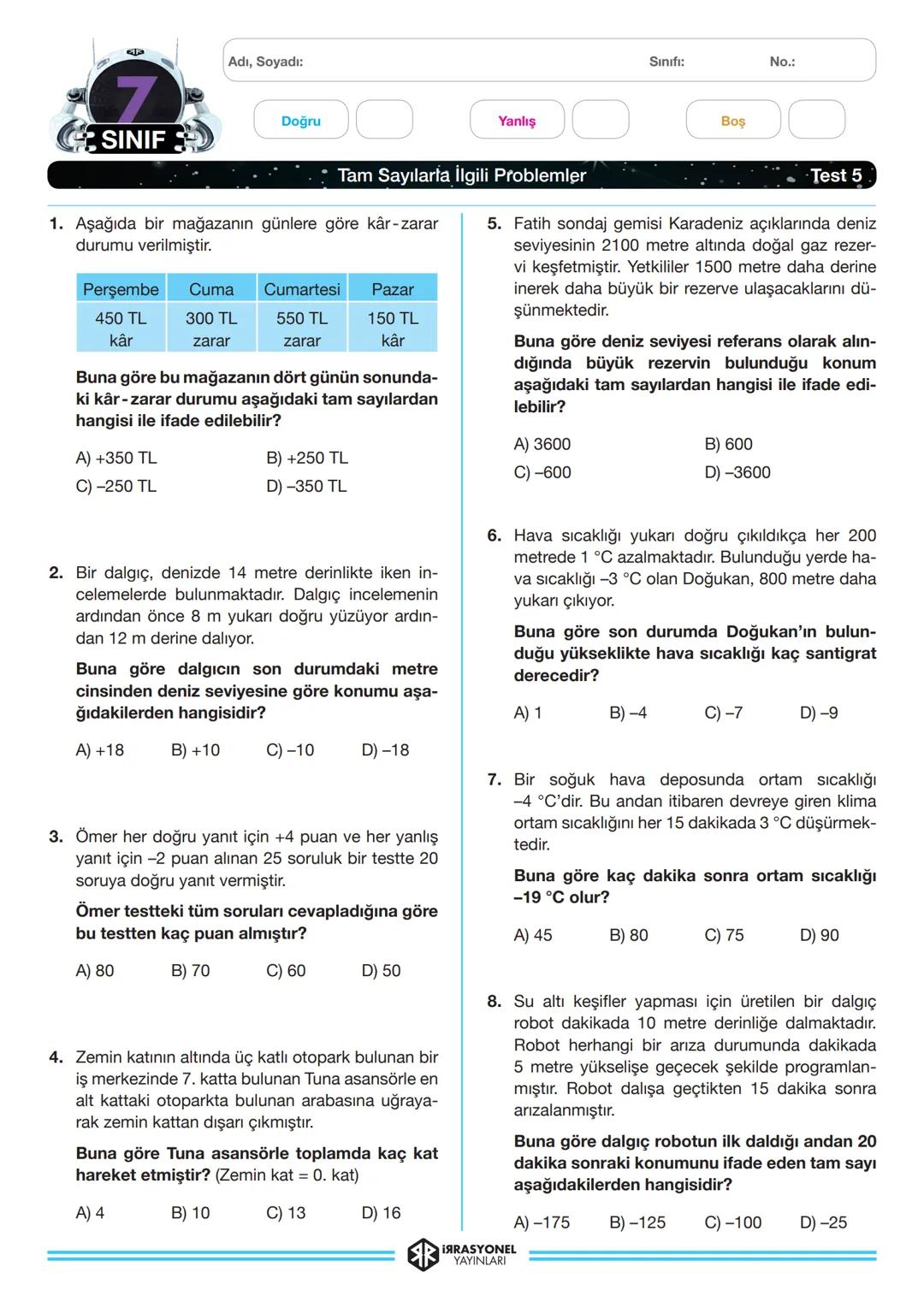 # 7
SINIF
Adı, Soyadı:
Doğru
Yanlış
Tam Sayılarta İlgili Problemler
Sınıfı:
No.:
Bos
Test 5
1. Aşağıda bir mağazanın günlere göre k