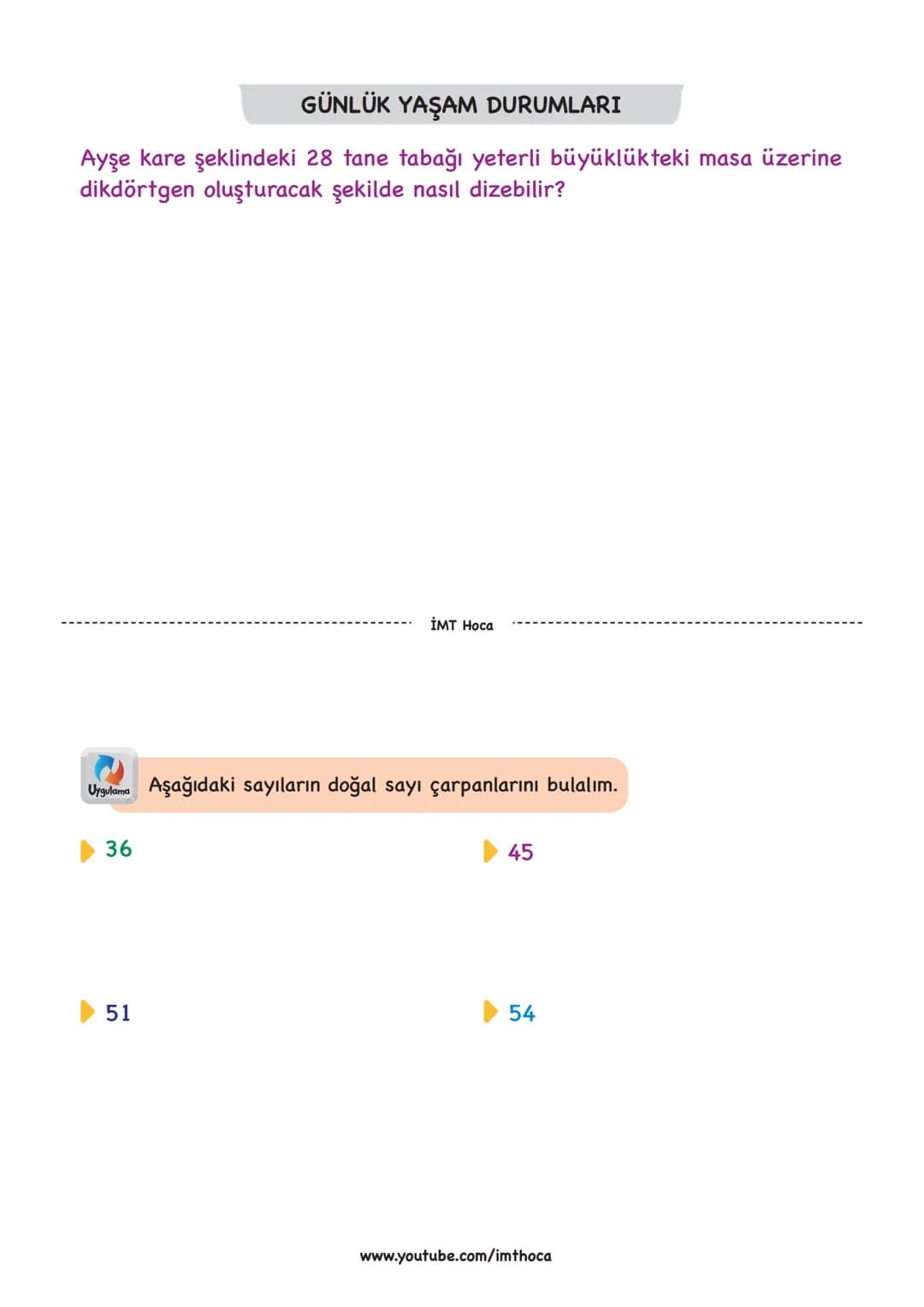 ÇARPANLAR VE KATLAR
Bilgi
Her doğal sayı iki doğal sayının çarpımı olarak yazılabilir. Bu iki sayıdan her birine o sayının
................