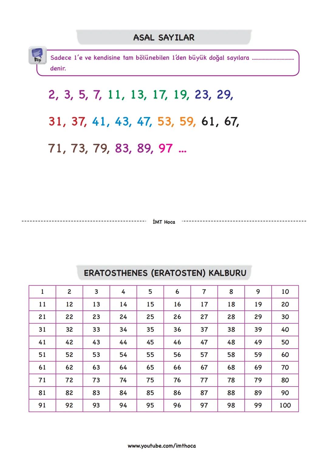 # ASAL SAYILAR
Bilgi
Sadece l'e ve kendisine tam bölünebilen 1'den büyük doğal sayılara ..................
denir.
2, 3, 5, 7, 11, 13, 17,