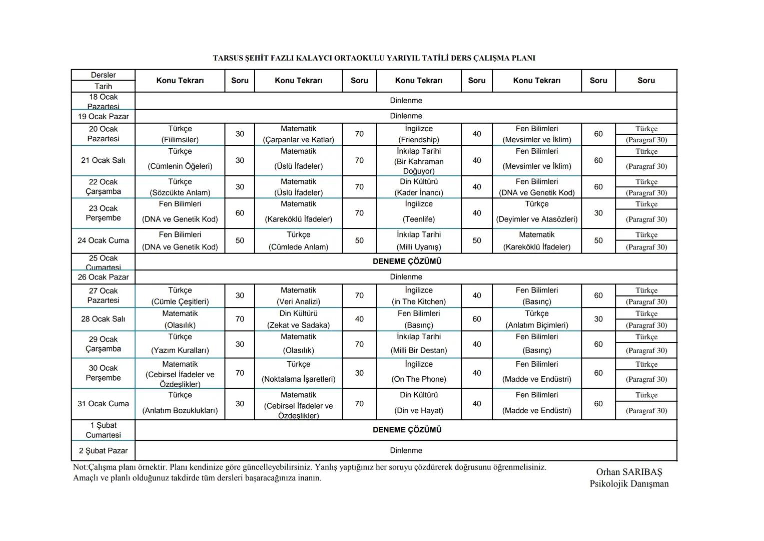 # TARSUS ŞEHİT FAZLİ KALAYCI ORTAOKULU YARIYIL TATİLİ DERS ÇALIŞMA PLANI
| Dersler | Konu Tekrari | Soru | Konu Tekrari | Soru | Konu Tekra