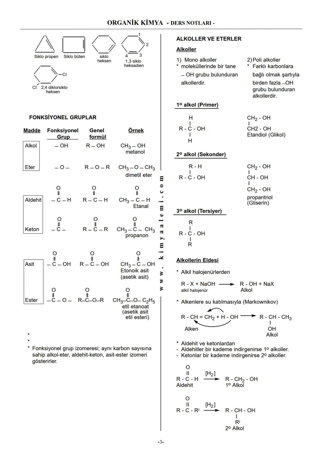 # ORGANİK KİMYA - DERS NOTLARI -
* Alkenler derişik $KMnO_4$ ile yükseltgenme tepkimesi verirler. Bu tepkimelerde ALDEHİT, KETON ve ASİT le