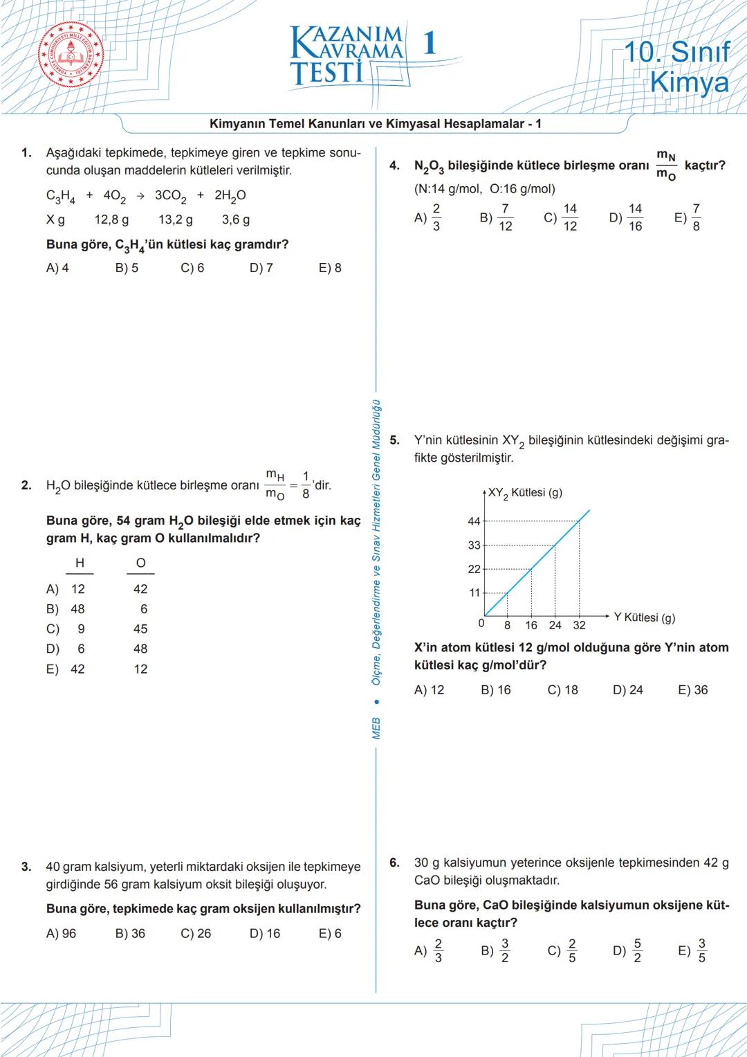 # 1
Aşağıdaki tepkimede, tepkimeye giren ve tepkime sonunda oluşan maddelerin kütleleri verilmiştir.
$C_3H_4$ + $4O_2$ → $3CO_2$ + $2H_2O
