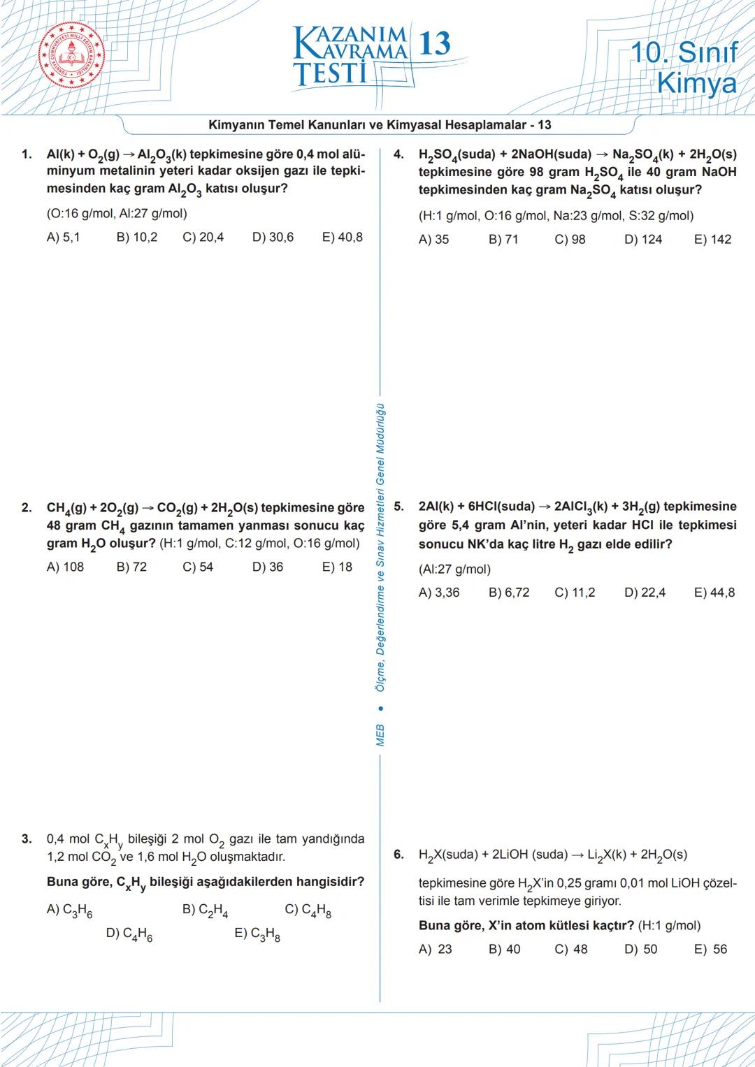 # 1
Aşağıdaki tepkimede, tepkimeye giren ve tepkime sonunda oluşan maddelerin kütleleri verilmiştir.
$C_3H_4$ + $4O_2$ → $3CO_2$ + $2H_2O