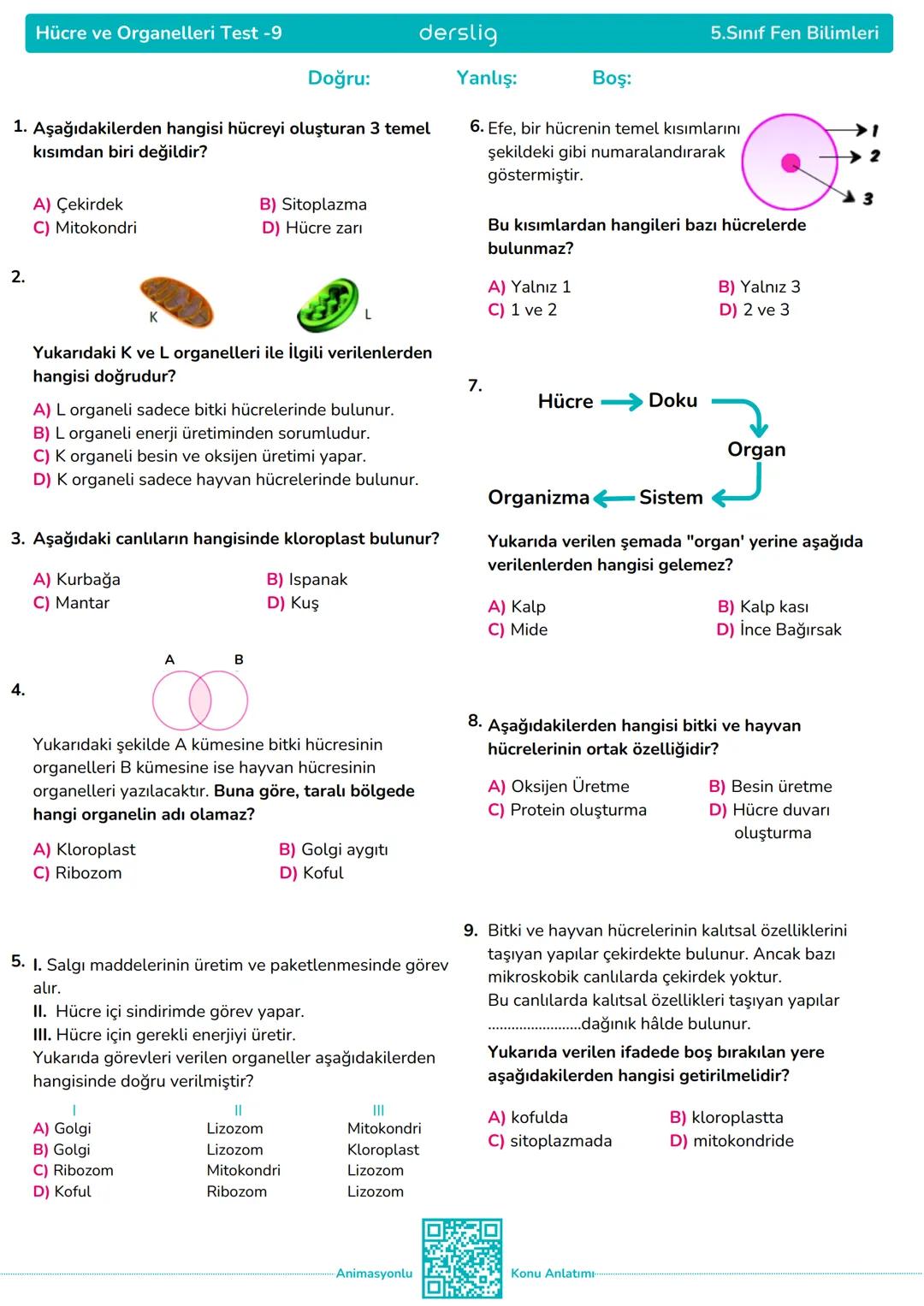 # Hücre ve Organelleri Test -9
derslig
Doğru: Yanlış: Boş: 5.Sınıf Fen Bilimleri
1. Aşağıdakilerden hangisi hücreyi oluşturan 3 temel
kıs