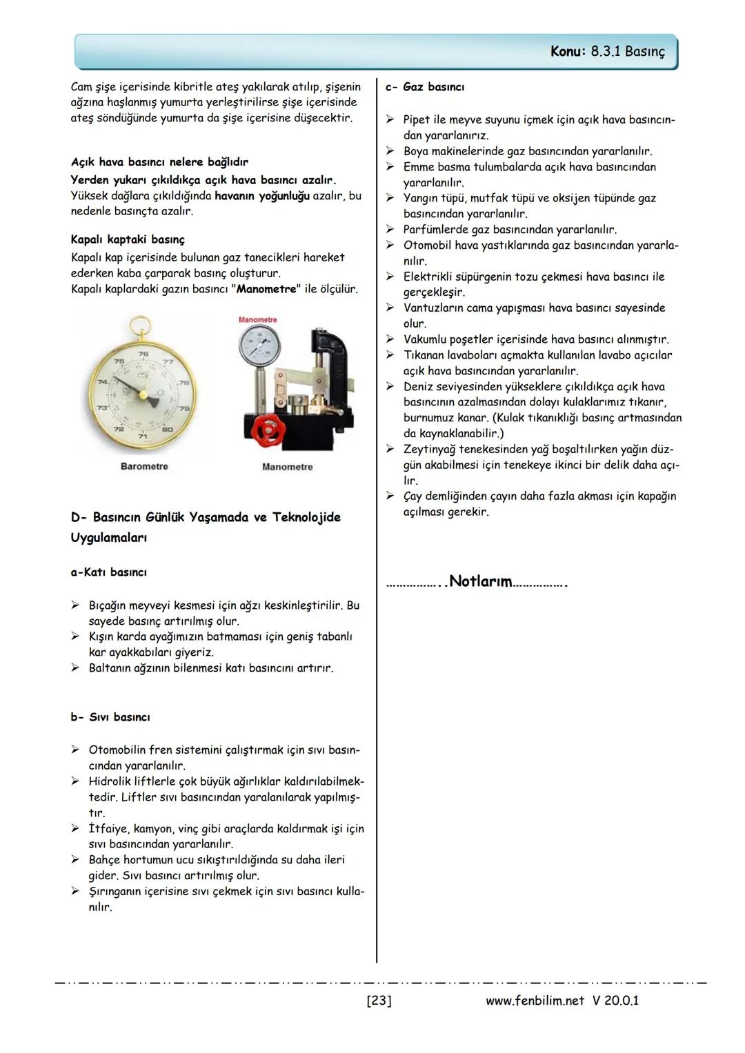 # 8.Sınıf Fen Bilimleri
# Ders Notları
Barış ZEREN
Fen Bilimleri Öğretmeni
www.fenbilim.net V 20.0.1 # 1.Ünite: Mevsimler ve İklim
Konu: