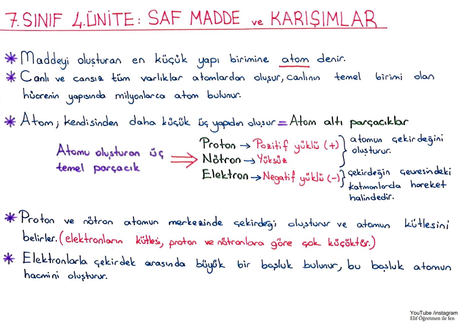 7. SINIF 4.ÜNİTE: SAF MADDE ve KARIŞIMLAR
*Maddeyi oluşturan en küçük yapı birimine atom denir.
*Canlı ve cansız tüm varlıklar atamlardan o