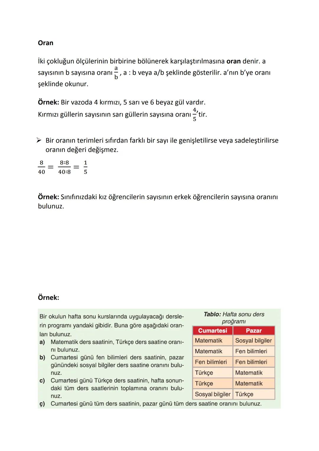 # Oran
İki çokluğun ölçülerinin birbirine bölünerek karşılaştırılmasına oran denir. a
sayısının b sayısına oranı $\frac{a}{b}$, a: b veya a