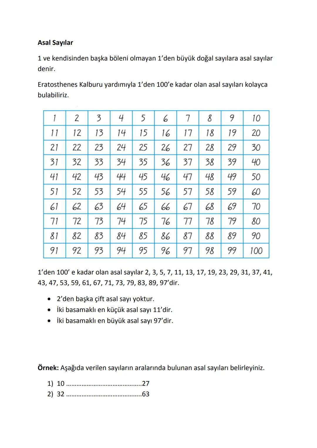 Asal Sayılar
1 ve kendisinden başka böleni olmayan 1'den büyük doğal sayılara asal sayılar
denir.
Eratosthenes Kalburu yardımıyla 1'den 10