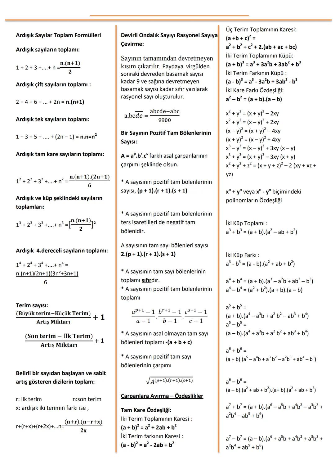 # Ardışık Sayılar Toplam Formülleri
Ardışık sayıların toplamı:
$1 + 2 + 3 + ... + n = \frac{n(n+1)}{2}$
Ardışık çift sayıların toplamı: