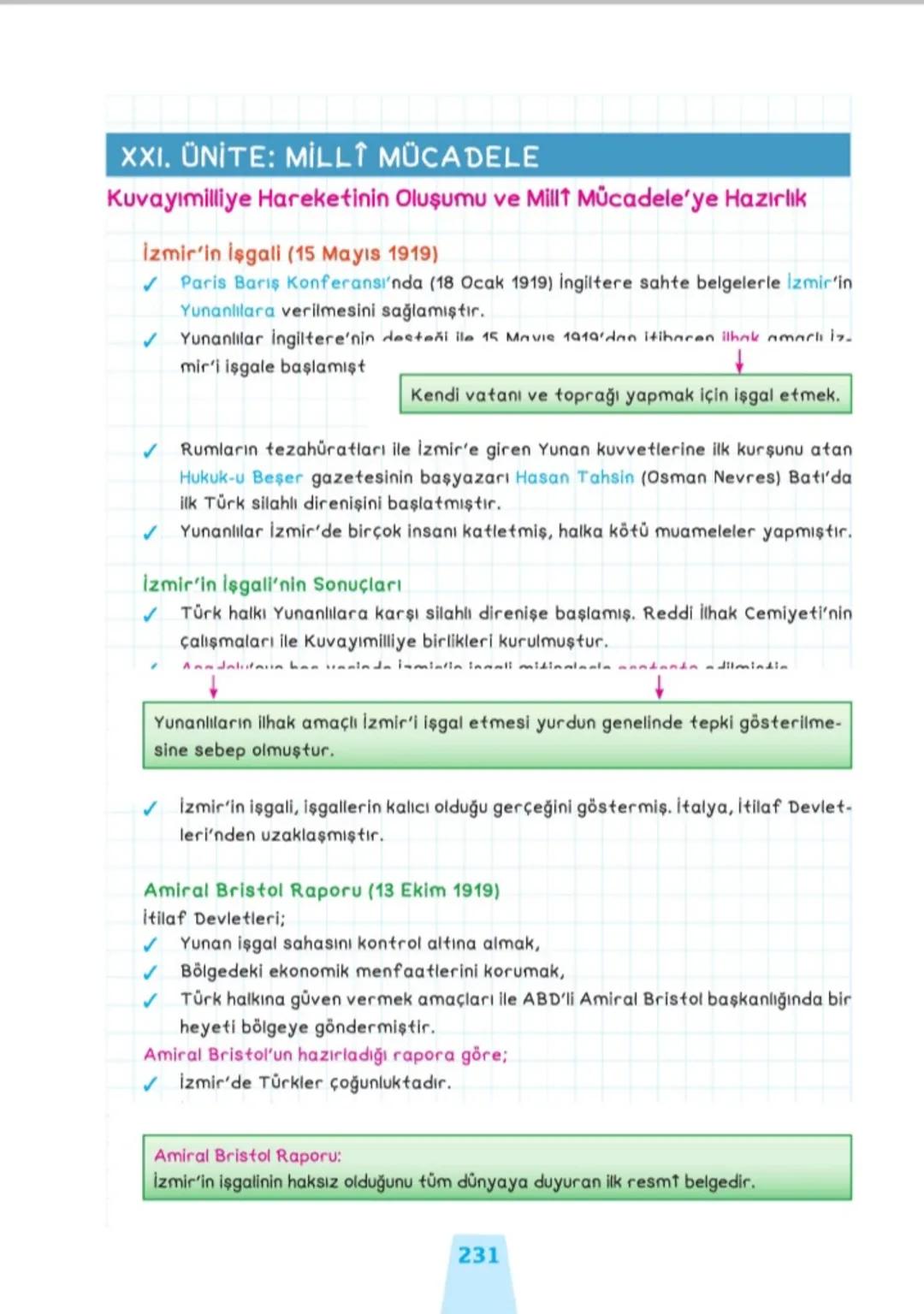 XXI. ÜNİTE: MİLLÎ MÜCADELE
Kuvayımilliye Hareketinin Oluşumu ve Millî Mücadele'ye Hazırlık
İzmir'in İşgali (15 Mayıs 1919)
☑
☑ Yunanlılar İn