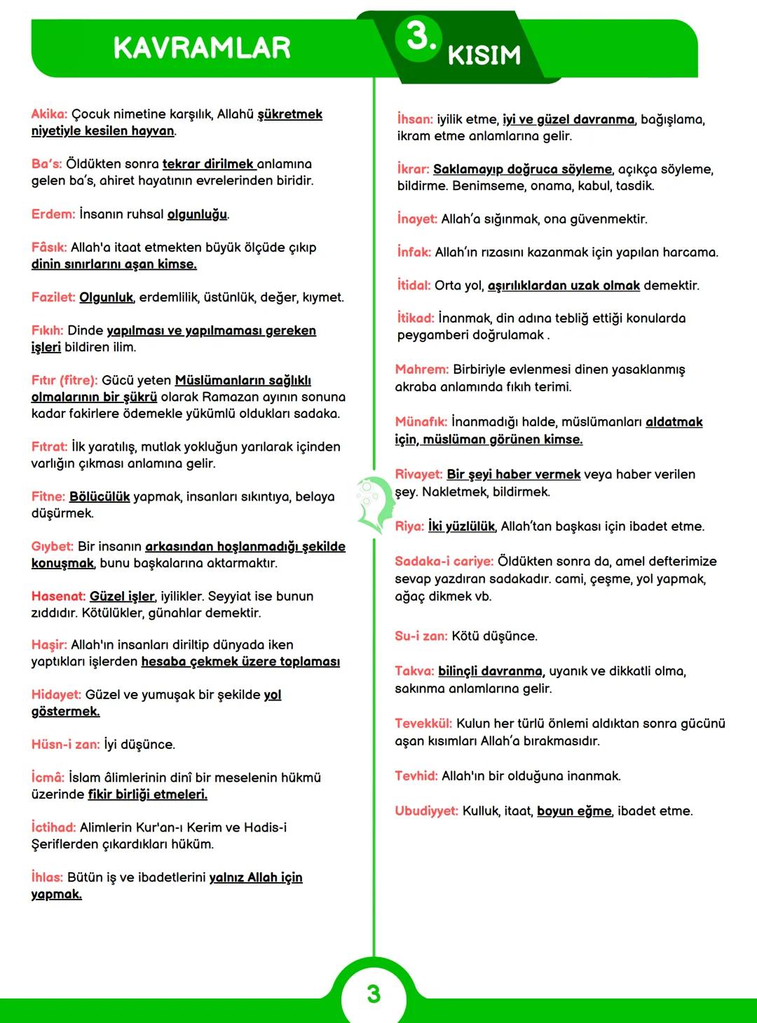 # KAVRAMLAR
1. KISIM
## Temel İnanç Esasları
**Zâtî (Yalnız Allaha Mahsus) Sıfatlar:**
- Vücud: Var olmak
- Kıdem: başlangıcı yoktur.
-