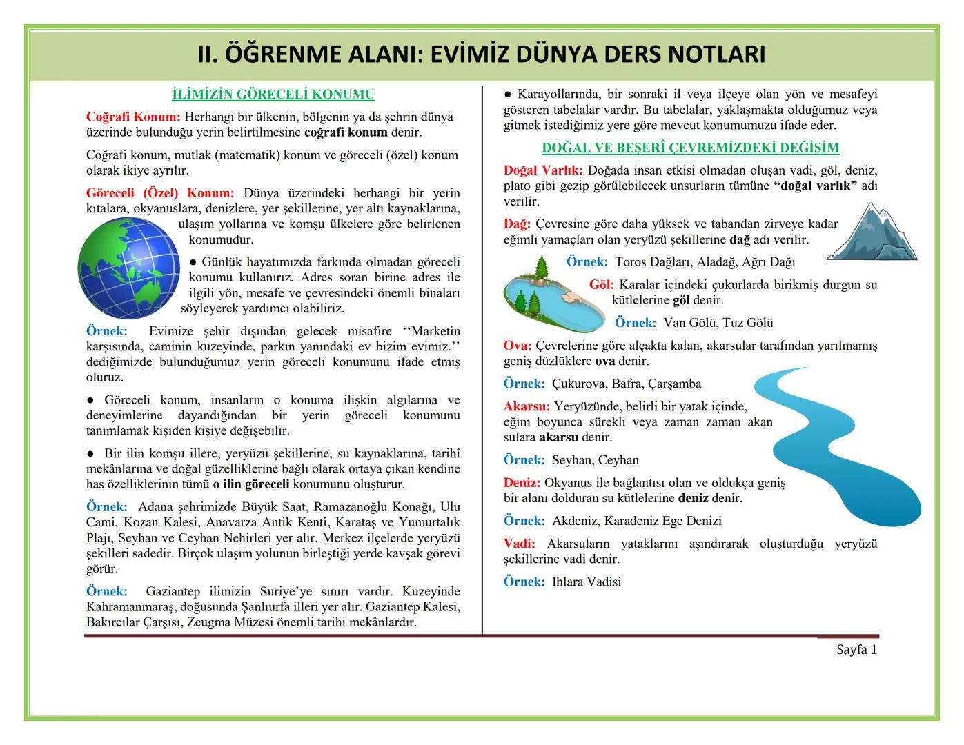 II. ÖĞRENME ALANI: EVİMİZ DÜNYA DERS NOTLARI
İLİMİZİN GÖRECELİ KONUMU
Coğrafi Konum: Herhangi bir ülkenin, bölgenin ya da şehrin dünya
üzeri