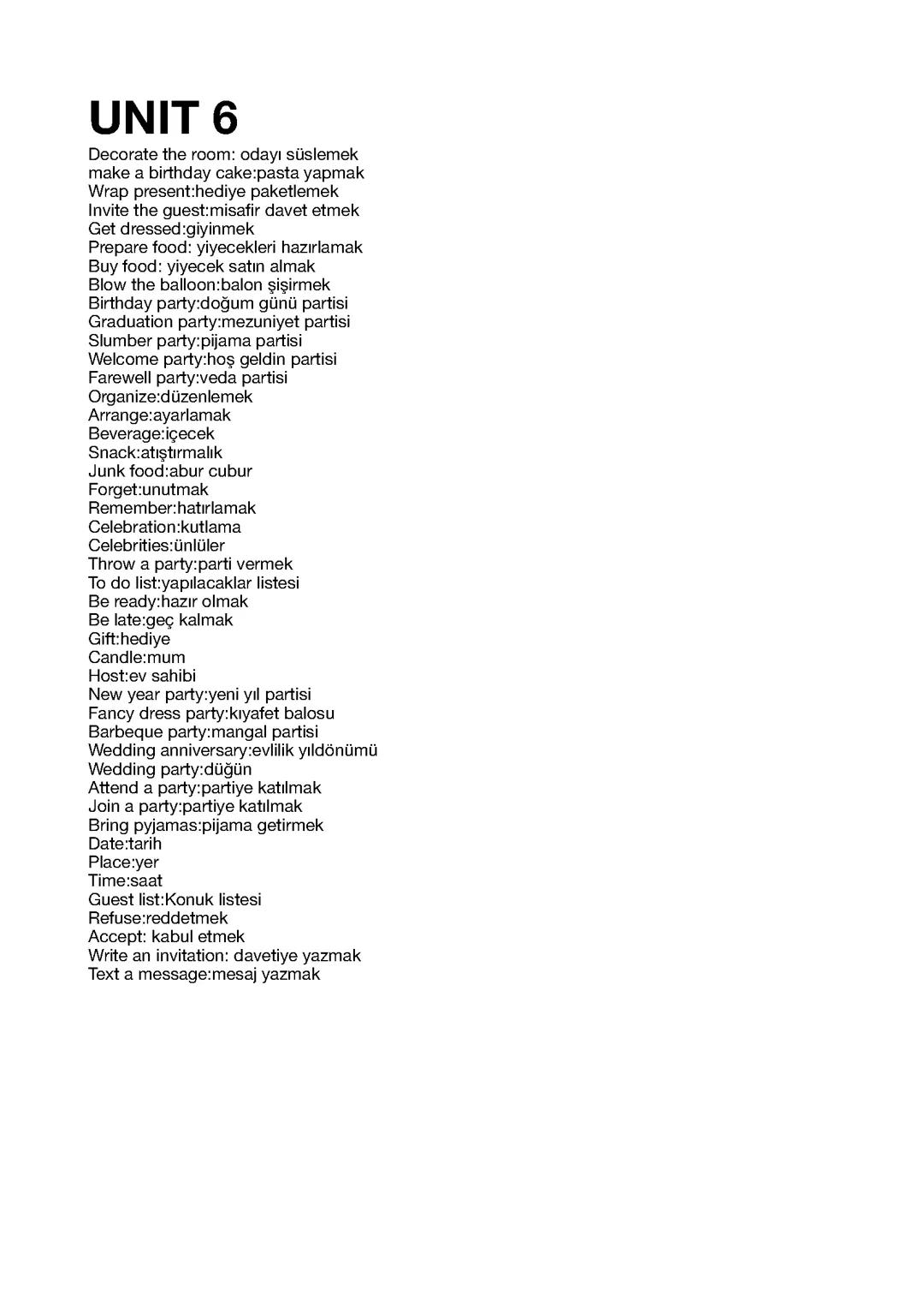 7 sınıf 6 ünite İngilizce kelimeleri