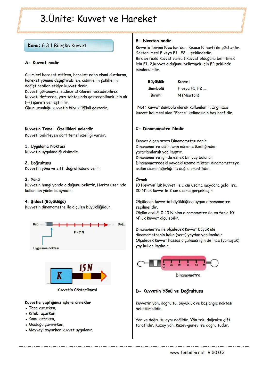 3.Ünite: Kuvvet ve Hareket
Konu: 6.3.1 Bileşke Kuvvet
A- Kuvvet nedir
Cisimleri hareket ettiren, hareket eden cismi durduran, hareket yön