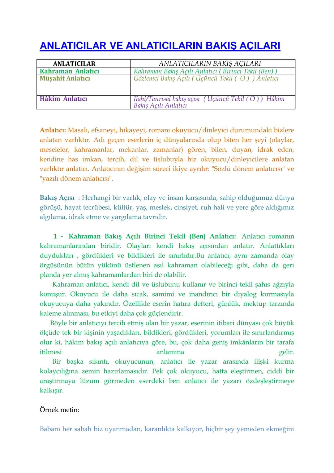 # ANLATICILAR VE ANLATICILARIN BAKIŞ AÇILARI
| ANLATICILAR | ANLATICILARIN BAKIŞ AÇILARI |
| ----------- | ----------- |
| Kahraman Anlatıc