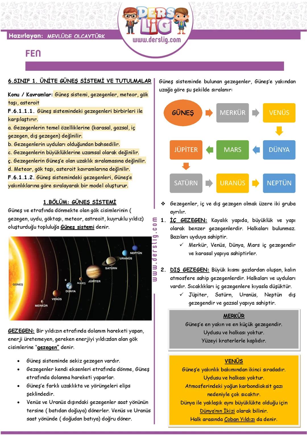 Derslig Fen Bilimleri 6. Sınıf 1. Ünite