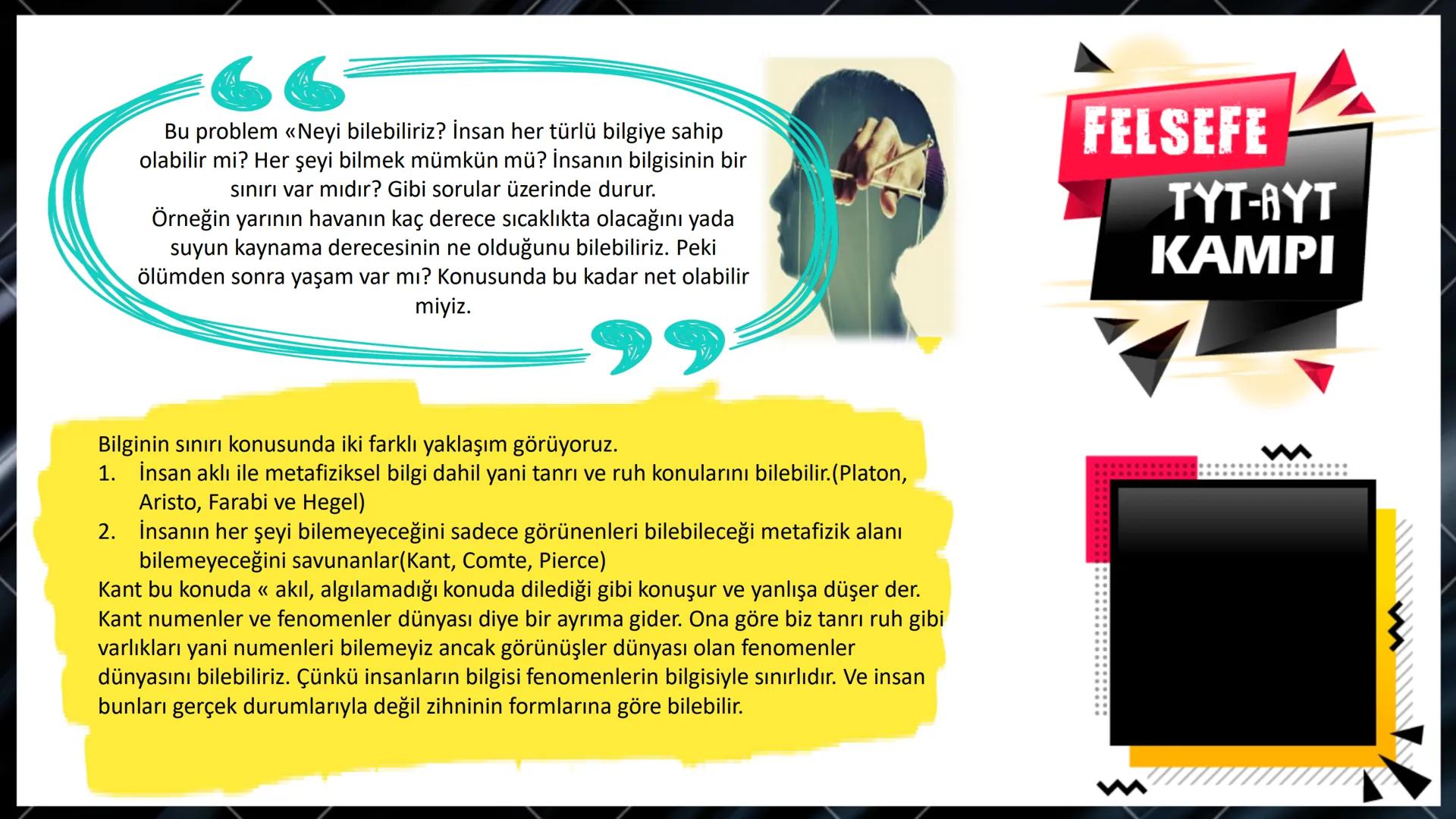 --- OCR Start ---
Bilgi ve Bilgi Felsefesi
Nedir?
↓
Bilgi felsefesinin temel
problemleri
Doğru bilginin imkanı
Doğru Bilginin Kaynağı
Bilgin