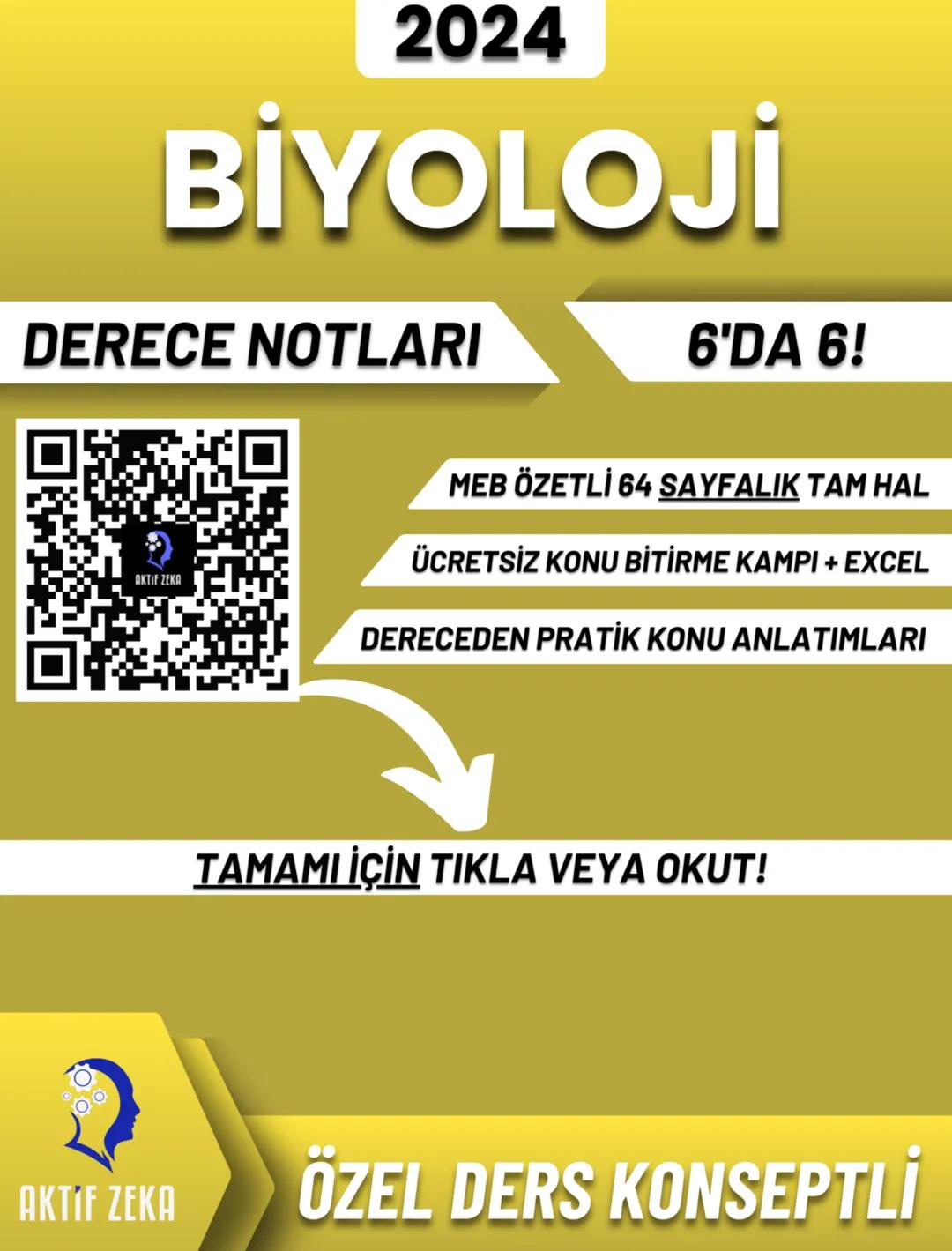 2024
BİYOLOJİ
DERECE NOTLARI
6'DA 6!
MEB ÖZETLİ 64 SAYFALIK TAM HAL
ÜCRETSİZ KONU BİTİRME KAMPI + EXCEL
DERECEDEN PRATİK KONU ANLATIMLARI
TA