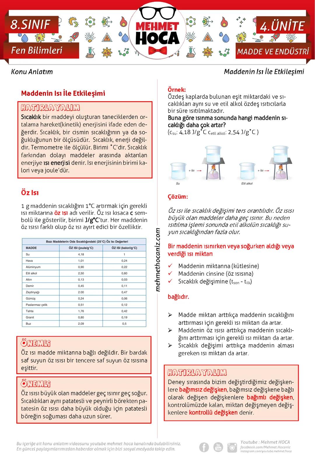 8. Sınıf öz ısı maddenin ısı ile etkileşimi çalışma notu