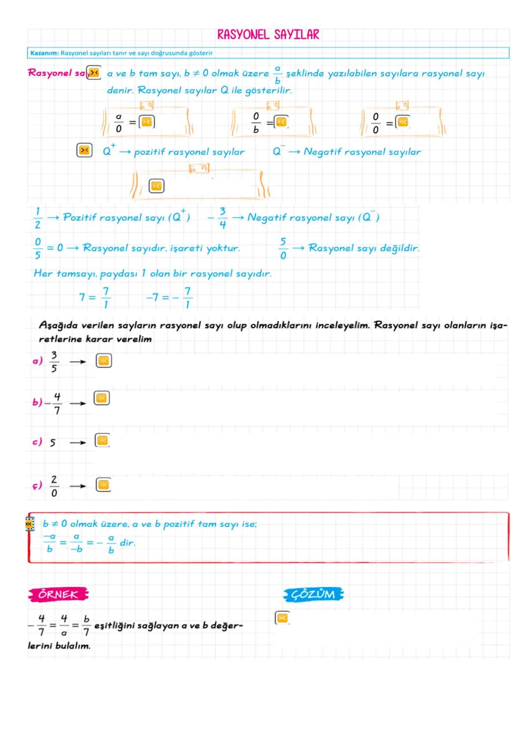 Kazanım: Rasyonel sayıları tanır ve sayı doğrusunda gösterir
RASYONEL SAYILAR
Rasyonel sa a ve b tam sayı, b≠ 0 olmak üzere $\frac{a}{b}$