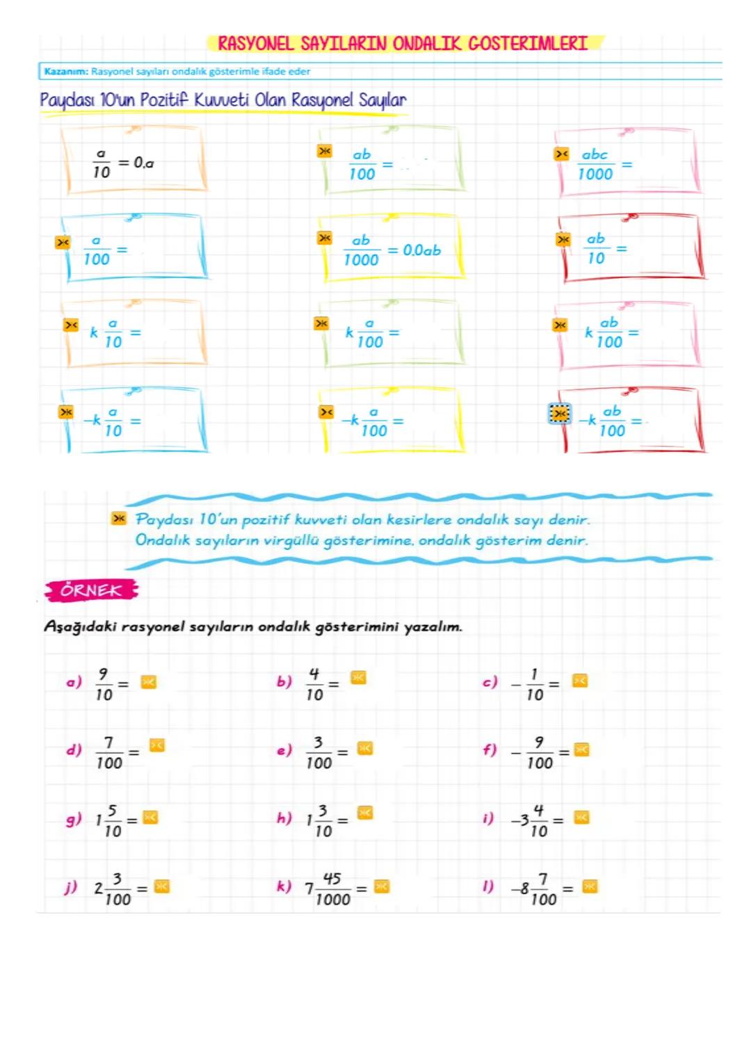 Kazanım: Rasyonel sayıları tanır ve sayı doğrusunda gösterir
RASYONEL SAYILAR
Rasyonel sa a ve b tam sayı, b≠ 0 olmak üzere $\frac{a}{b}$