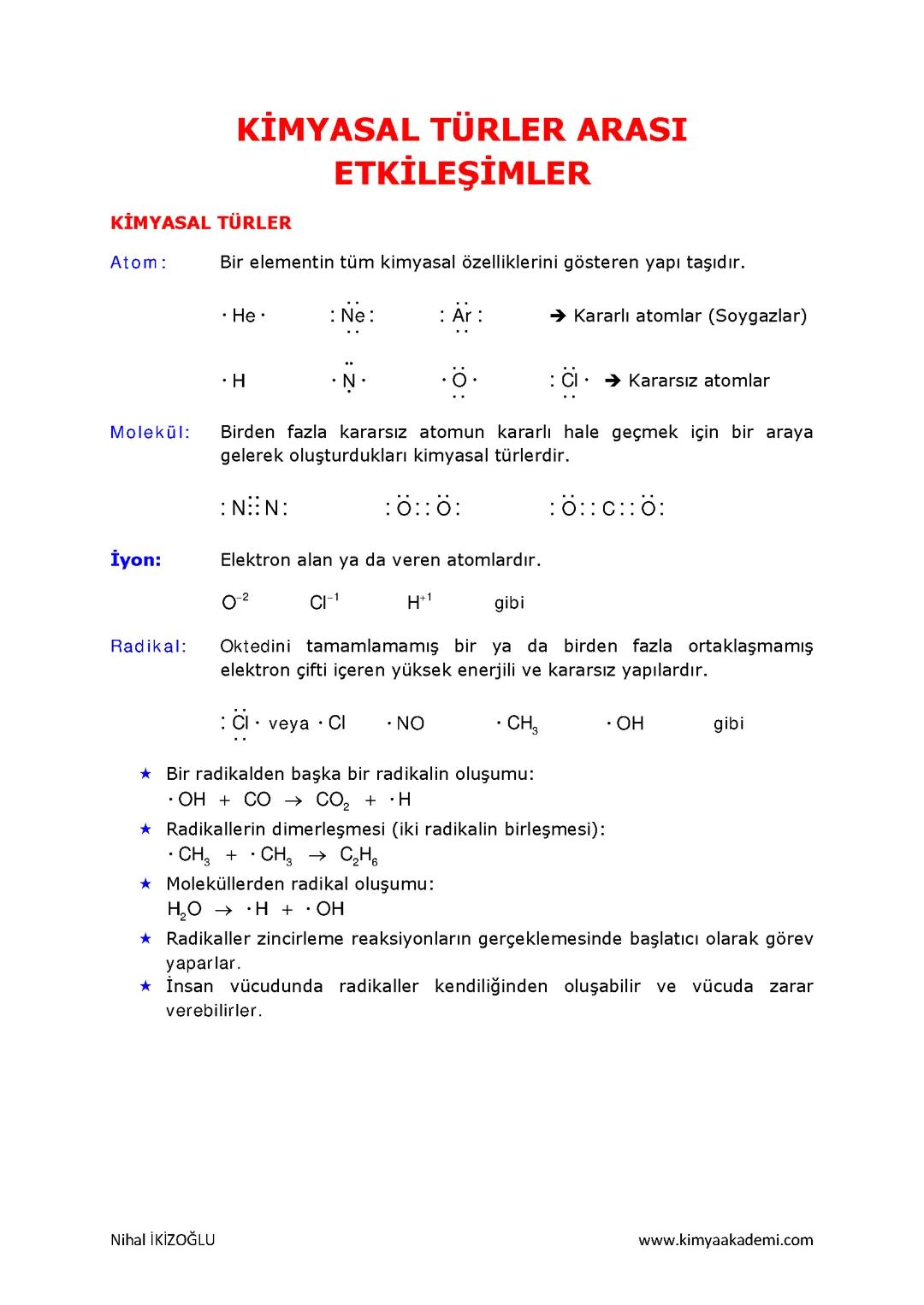 Kimyasal Türler Arası Etkileşimler