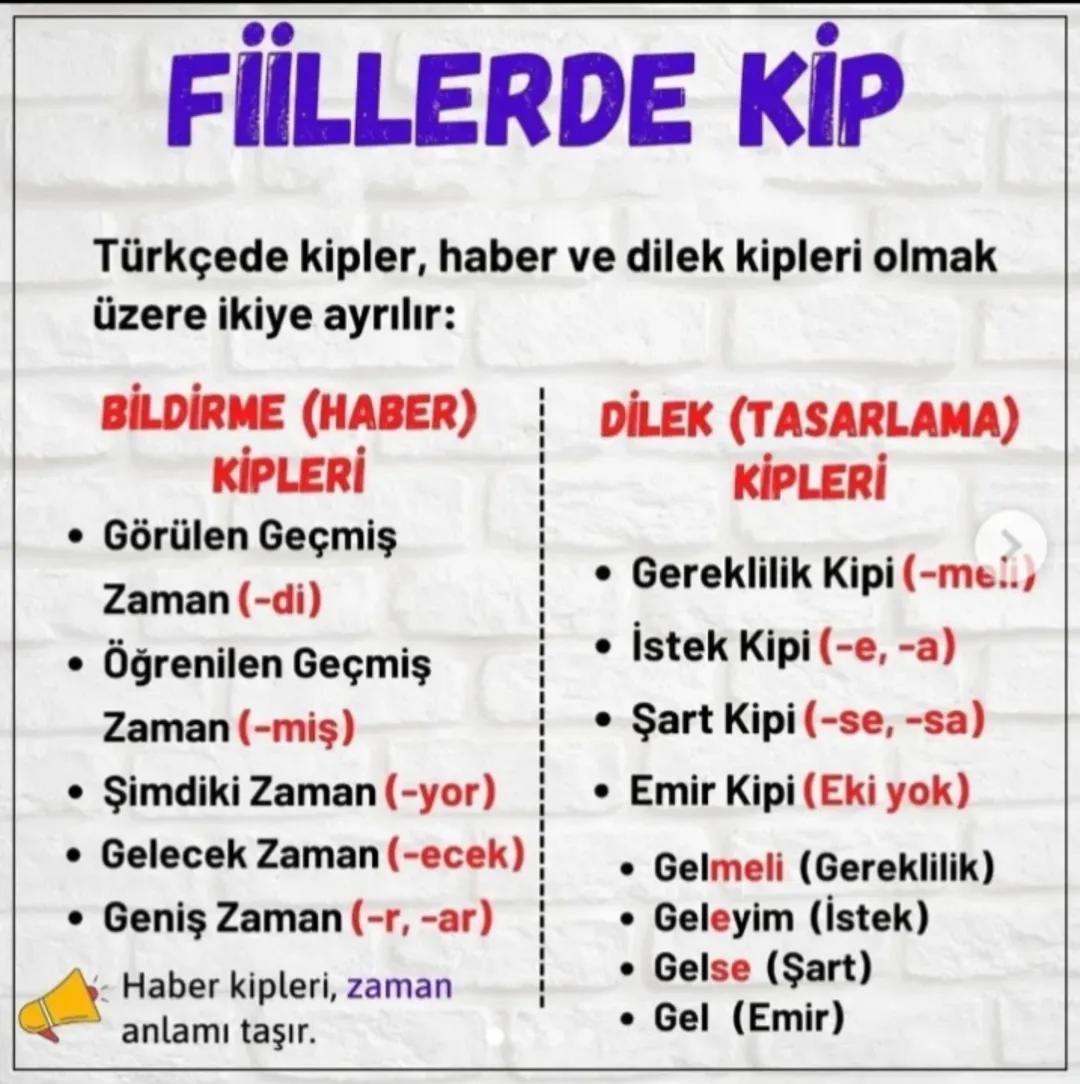 # FİİLLERDE KİP
Türkçede kipler, haber ve dilek kipleri olmak
üzere ikiye ayrılır:
BİLDİRME (HABER)
KİPLERİ
* Görülen Geçmiş
Zaman