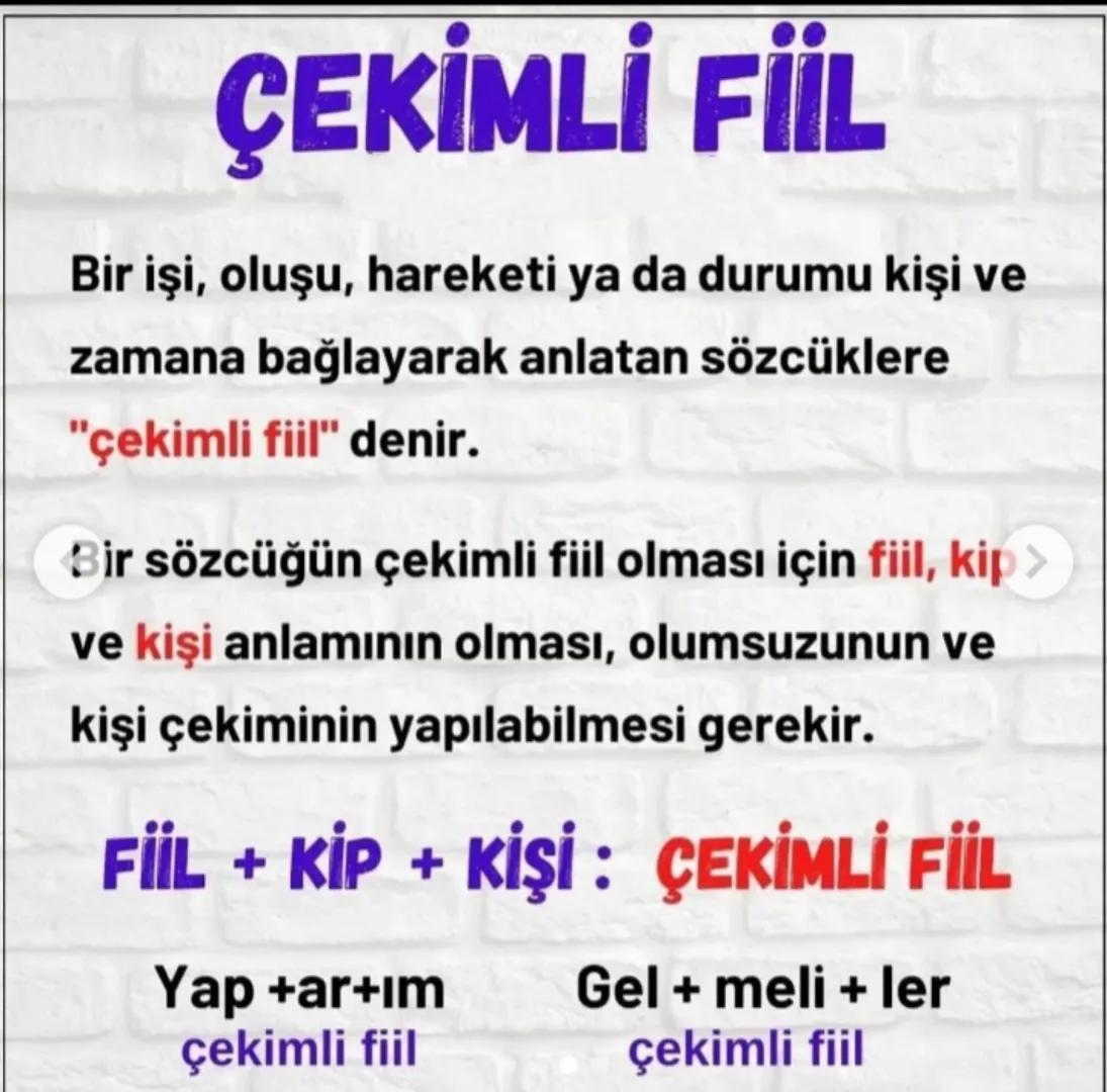 # ÇEKİMLİ FİİL
Bir işi, oluşu, hareketi ya da durumu kişi ve
zamana bağlayarak anlatan sözcüklere
"çekimli fiil" denir.
<
Bir sözcüğün çe