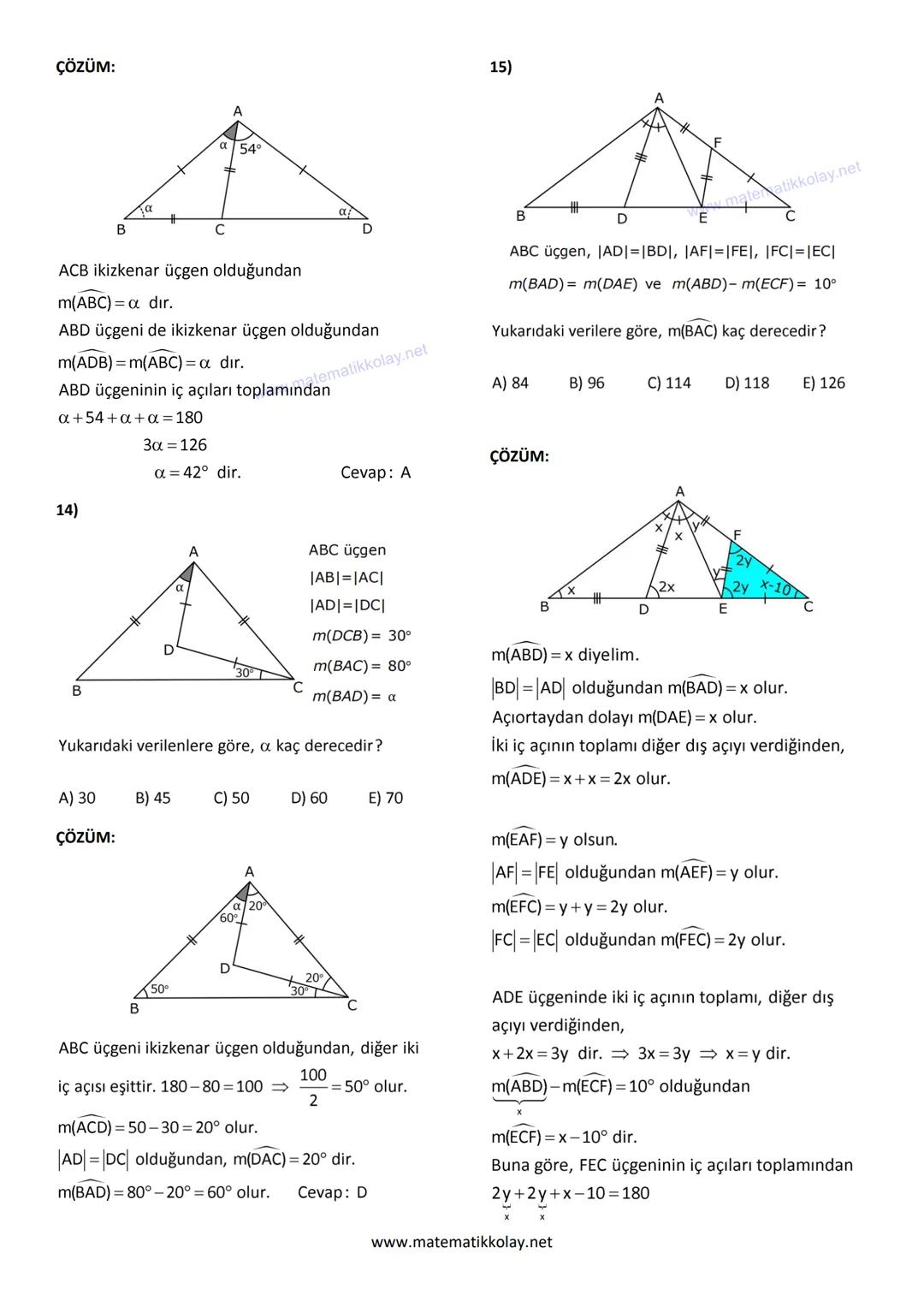 # ÜÇGENDE AÇILAR
1)
ABC üçgen
$m(ABC) = 65°$
$m(CED) = 53°$
$m(EDC) = 74°$
$m(BAC) = α$
Yukarıda verilenlere göre, a kaç derecedir?