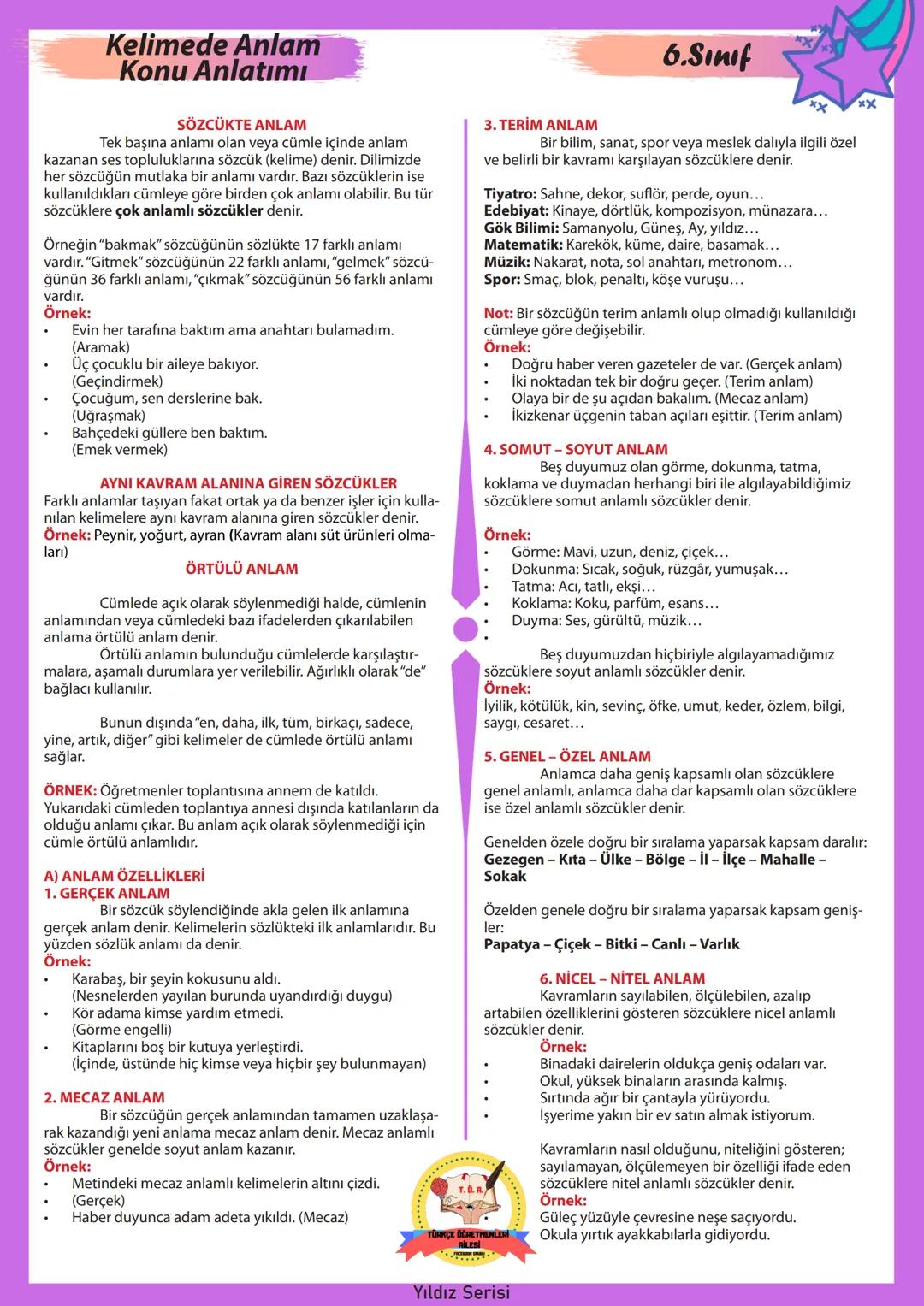 # 6.SINIF
# Yıldız Serisi
## Bilginle Yıldız gibi parla!
* Konu Anlatımı
* Çalışma Kağıtları
* Özgün Konu Testi
* Çıkmış Sorul