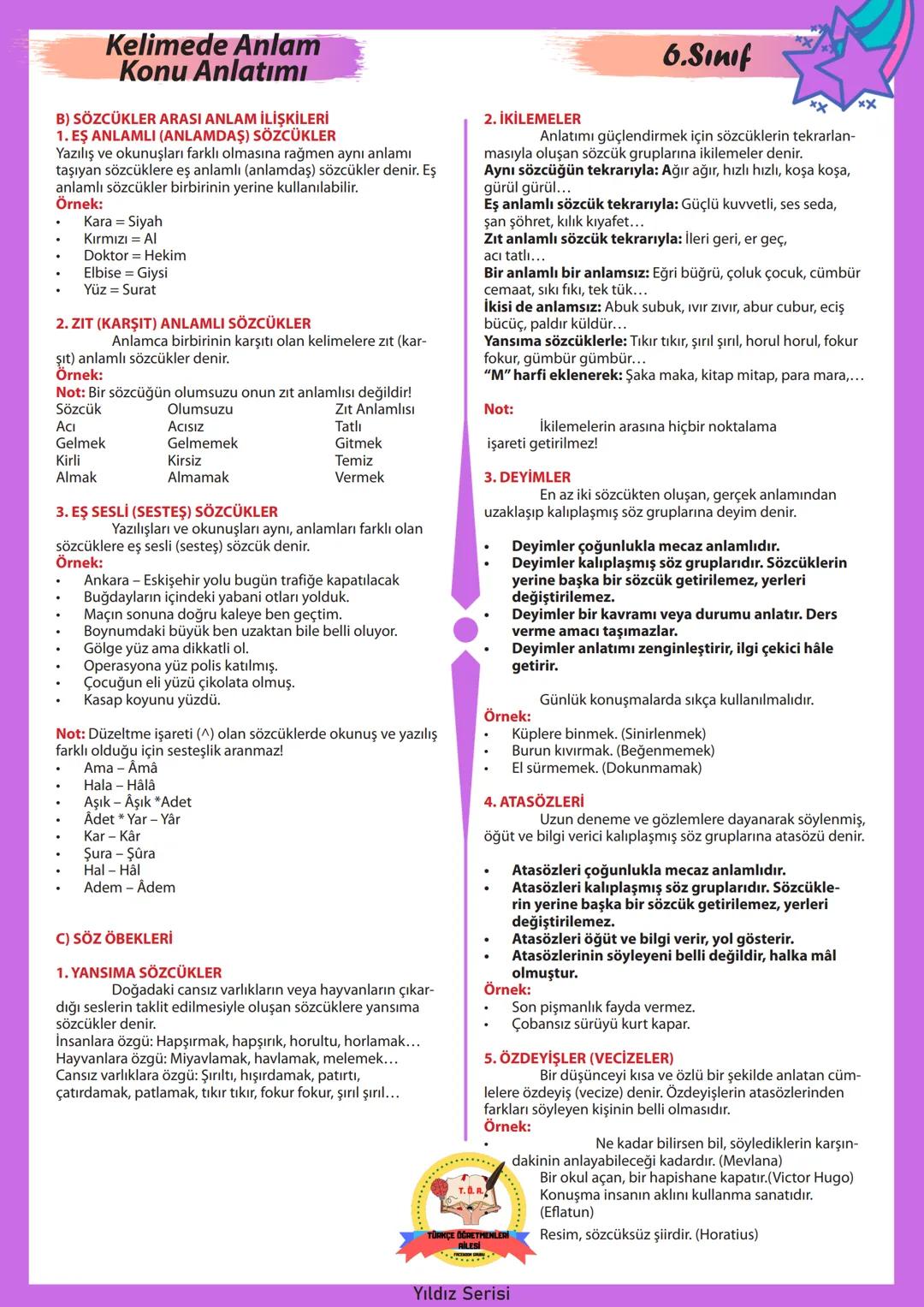 # 6.SINIF
# Yıldız Serisi
## Bilginle Yıldız gibi parla!
* Konu Anlatımı
* Çalışma Kağıtları
* Özgün Konu Testi
* Çıkmış Sorul
