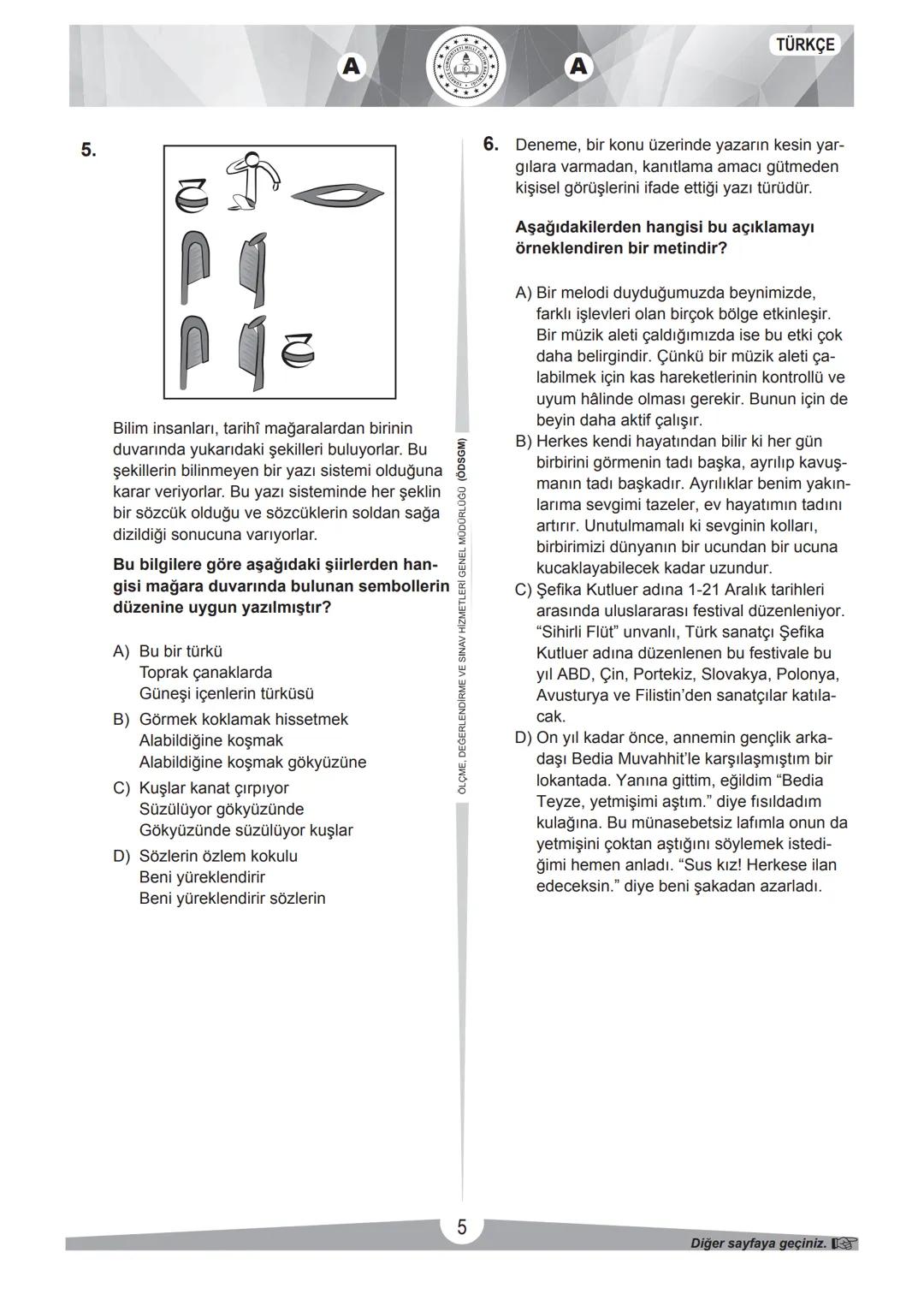 2017-2018 EĞİTİM - ÖĞRETİM YILI
TÜRKÇE
1. Bu testte 20 soru vardır.
2. Cevaplarınızı, cevap kâğıdına işaretleyiniz.
SINAVLA ÖĞRENCİ ALACAK O