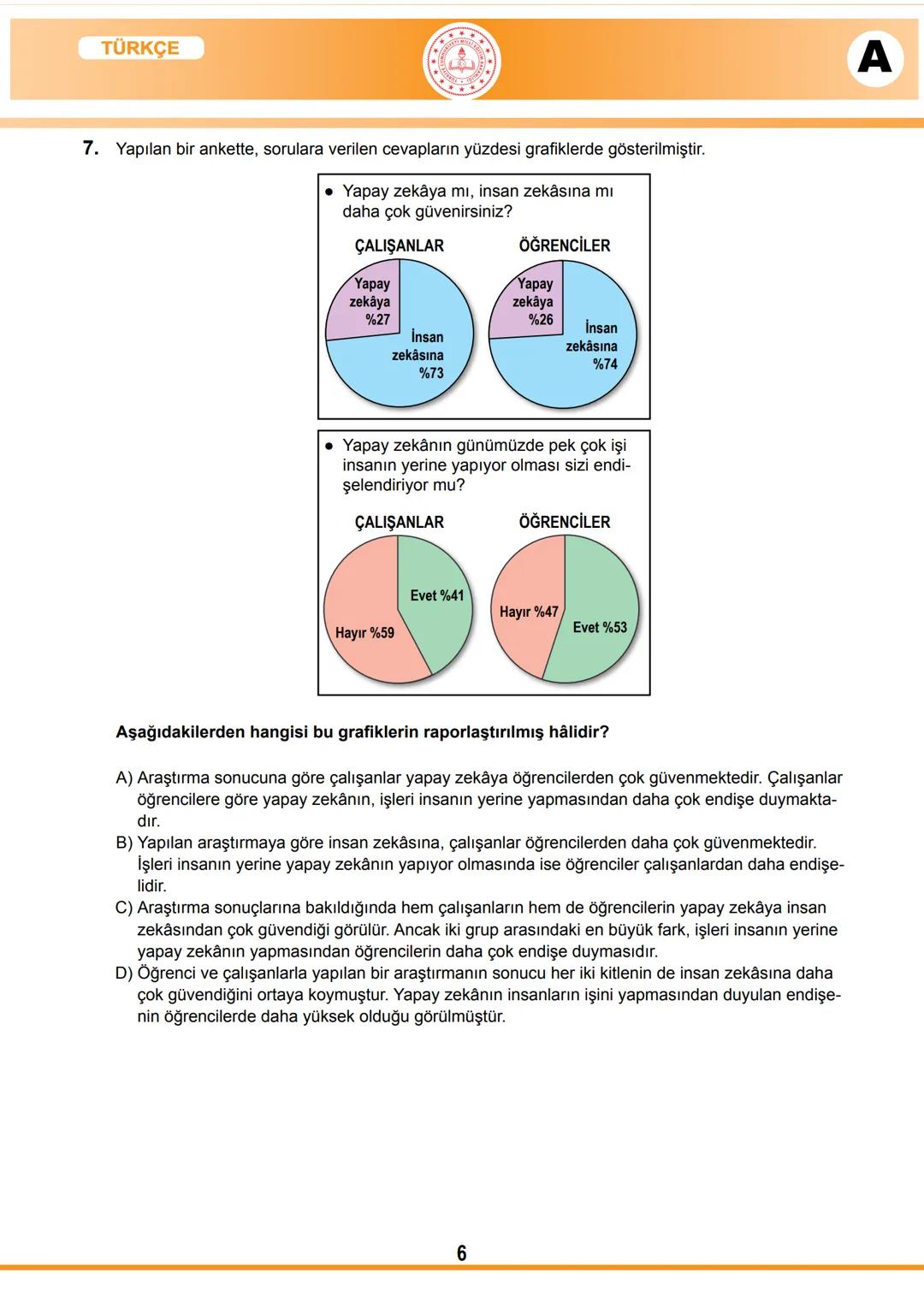 2017-2018 EĞİTİM - ÖĞRETİM YILI
TÜRKÇE
1. Bu testte 20 soru vardır.
2. Cevaplarınızı, cevap kâğıdına işaretleyiniz.
SINAVLA ÖĞRENCİ ALACAK O