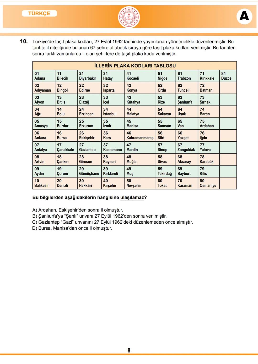 2017-2018 EĞİTİM - ÖĞRETİM YILI
TÜRKÇE
1. Bu testte 20 soru vardır.
2. Cevaplarınızı, cevap kâğıdına işaretleyiniz.
SINAVLA ÖĞRENCİ ALACAK O
